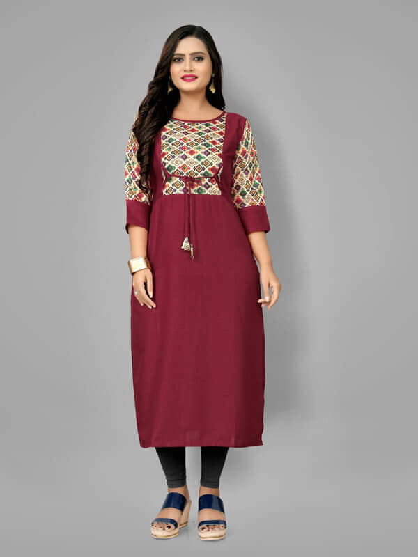 Hetsa Pack of 1 Cotton Blend Printed A-line Women's Kurti - ( Maroon ) - Kurtis, Tunics | Buy online on ZillyBuy