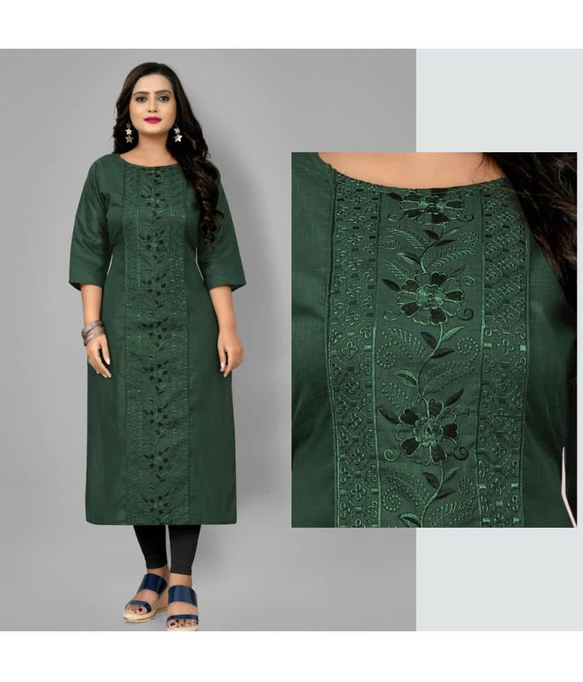 Hetsa Pack of 1 Cotton Blend Embroidered A-line Women's Kurti - ( Dark Green ) - Kurtis, Tunics | Buy online on ZillyBuy