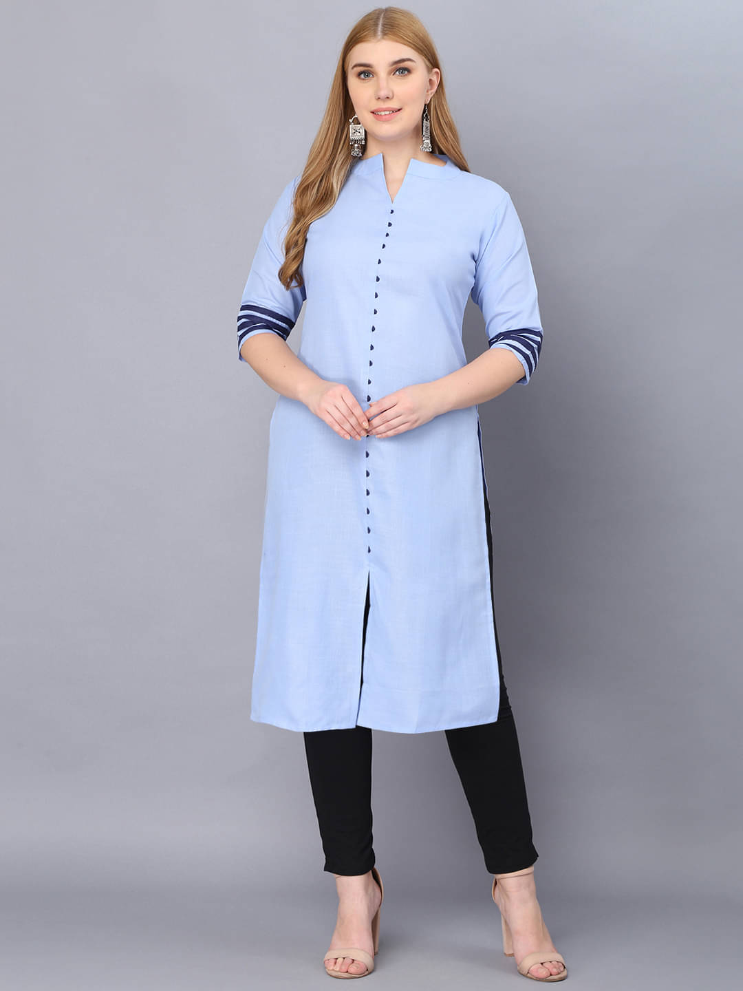 Hetsa Pack of 1 Cotton Blend Solid A-line Women's Kurti - ( Light Blue ) Hetsa Pack of 1 Cotton Blend Solid A-line Women's Kurti - ( Light Blue )