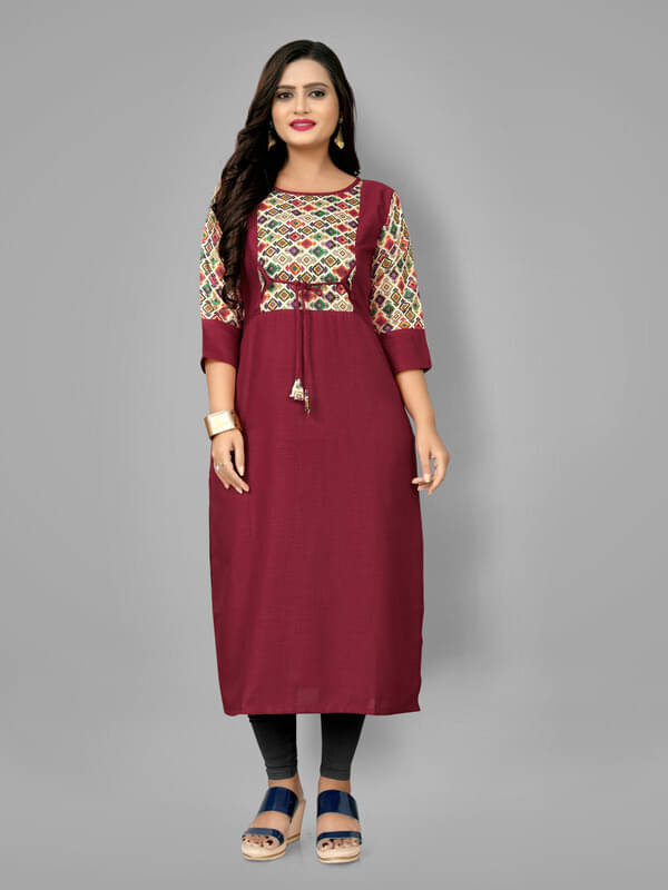 Hetsa Pack of 1 Cotton Blend Printed A-line Women's Kurti - ( Maroon ) Hetsa Pack of 1 Cotton Blend Printed A-line Women's Kurti - ( Maroon )