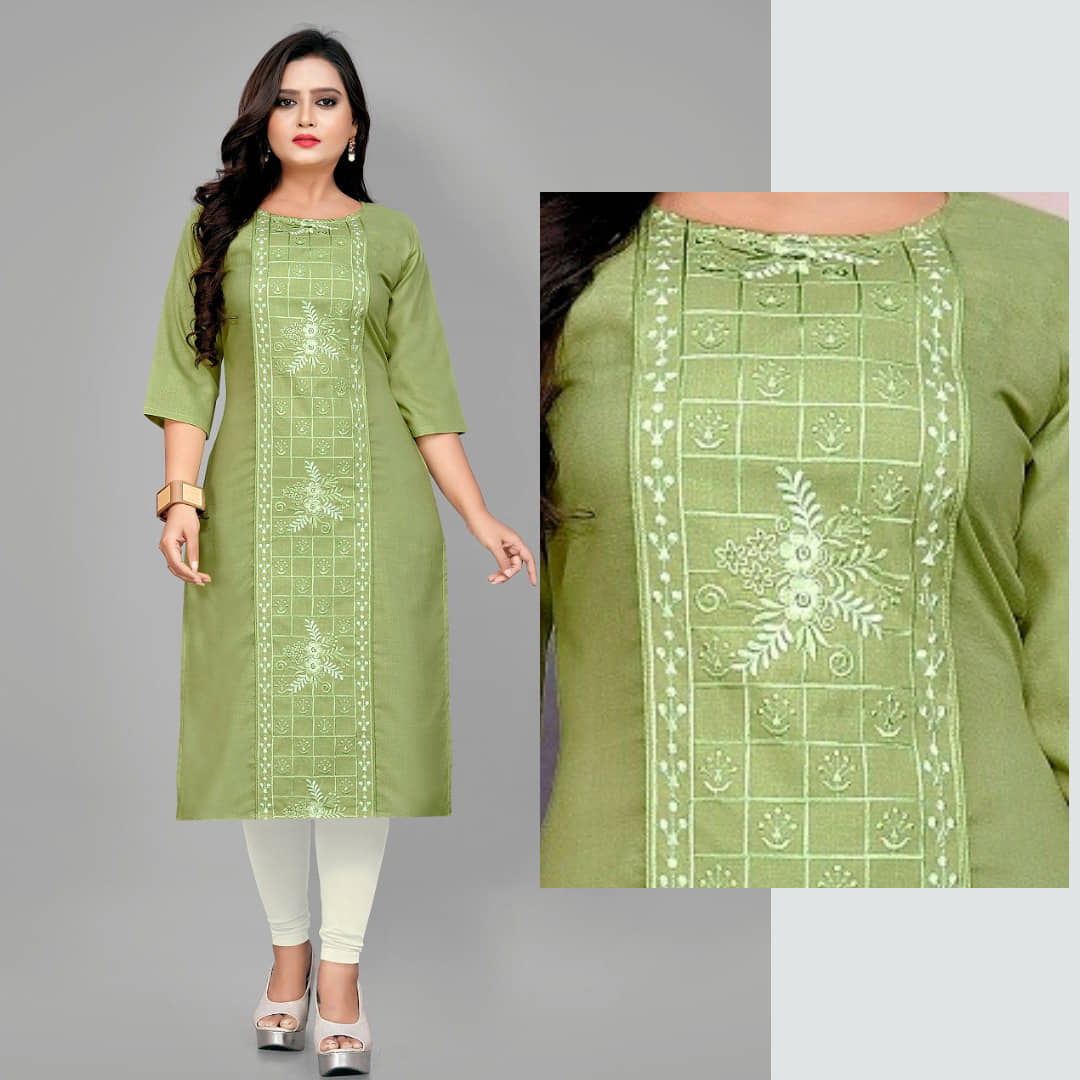 Hetsa Pack of 1 Cotton Blend Embroidered A-line Women's Kurti - ( Light Green ) - Kurtis, Tunics | Buy online on ZillyBuy