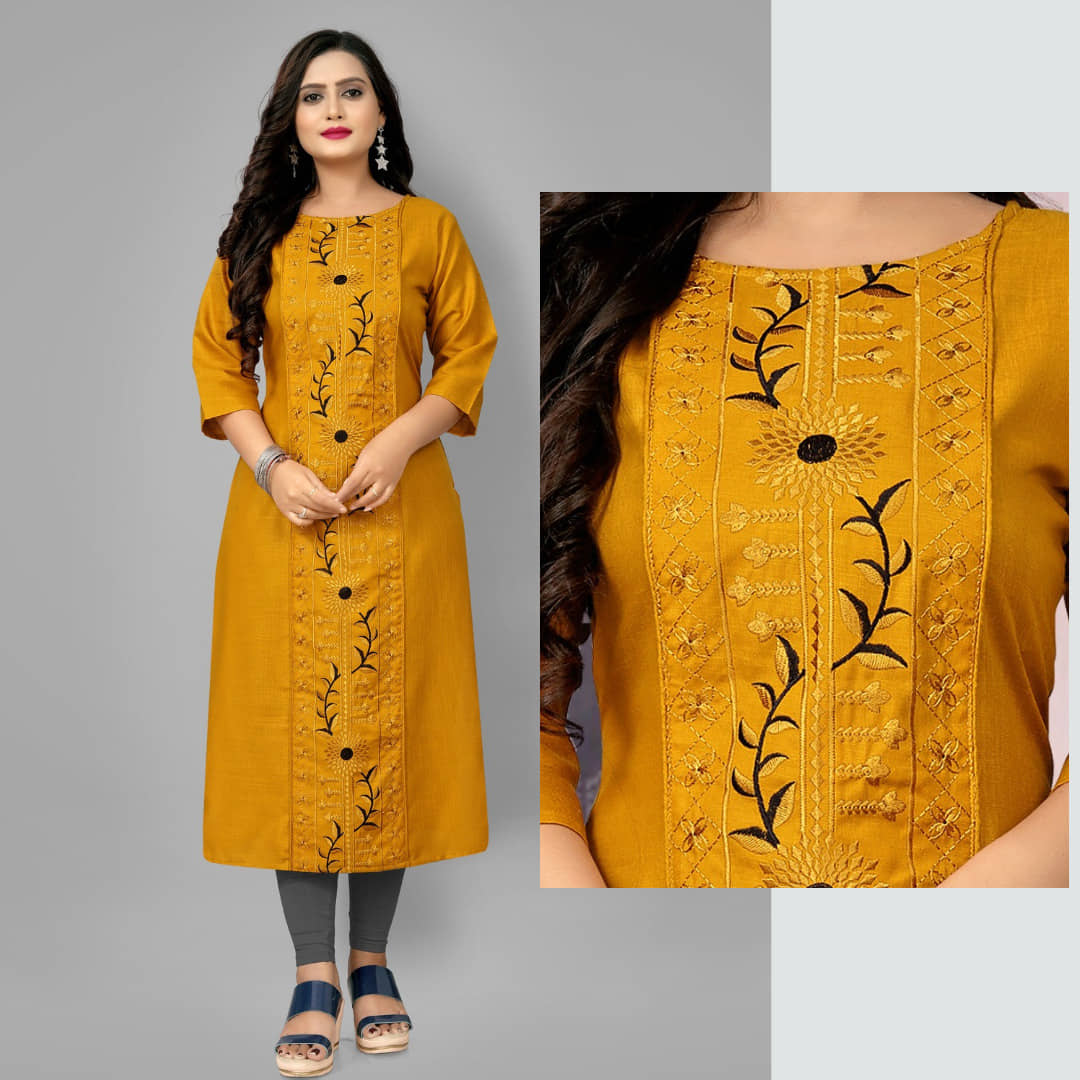 Hetsa Pack of 1 Cotton Blend Embroidered A-line Women's Kurti - ( Yellow ) - Kurtis, Tunics | Buy online on ZillyBuy