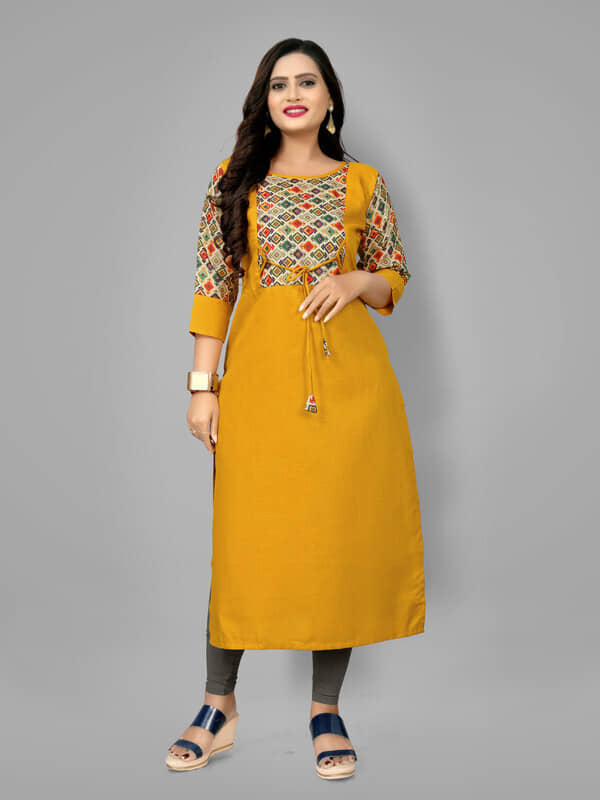 Hetsa Pack of 1 Cotton Blend Printed A-line Women's Kurti - ( Yellow ) - Kurtis, Tunics | Buy online on ZillyBuy