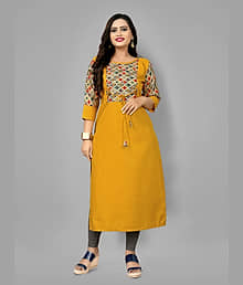 Hetsa Pack of 1 Cotton Blend Printed Straight Women's Kurti - ( Yellow )