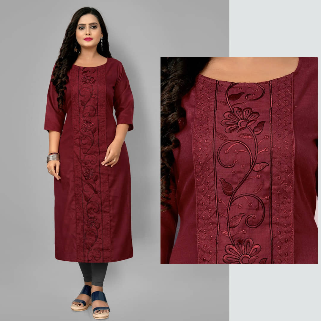 Hetsa Pack of 1 Cotton Blend Embroidered A-line Women's Kurti - ( Maroon ) - Kurtis, Tunics | Buy online on ZillyBuy