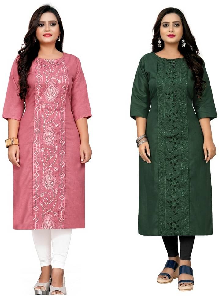     			Hetsa Pack of 2 Cotton Blend Embroidered Straight Women's Kurti - ( Multicolor )