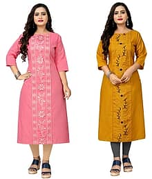 Hetsa Pack of 2 Cotton Blend Embroidered Straight Women's Kurti - ( Multicolor )