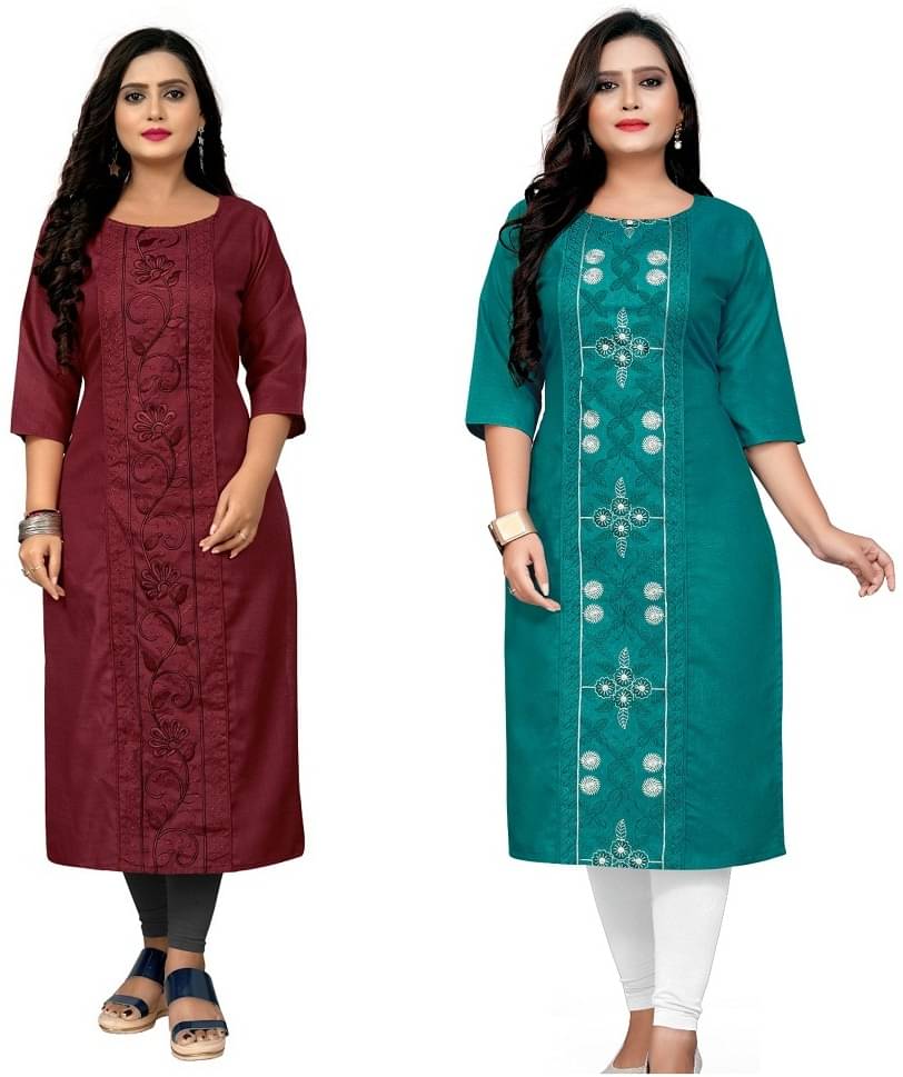     			Hetsa Pack of 2 Cotton Blend Embroidered Straight Women's Kurti - ( Multicolor )