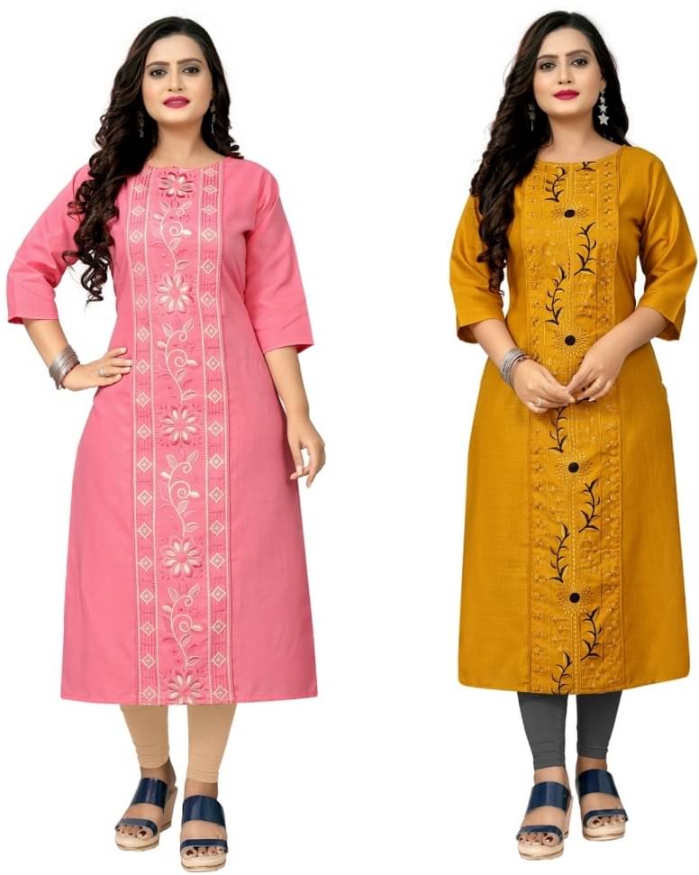 Hetsa Pack of 2 Cotton Blend Embroidered Straight Women's Kurti - ( Multicolor ) Hetsa Pack of 2 Cotton Blend Embroidered Straight Women's Kurti - ( Multicolor )