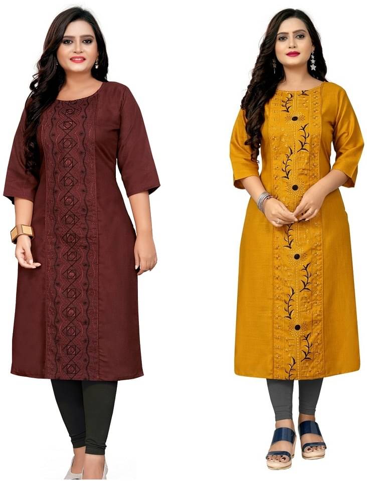     			Hetsa Pack of 2 Cotton Blend Embroidered Straight Women's Kurti - ( Multicolor )