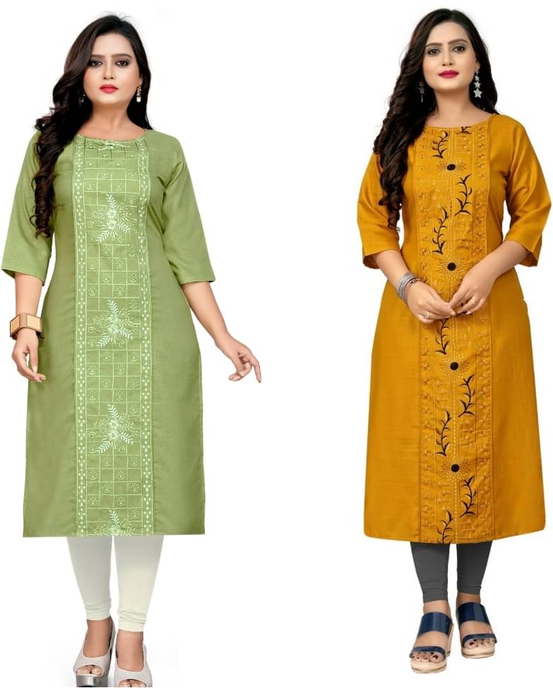Hetsa Pack of 2 Cotton Blend Embroidered Straight Women's Kurti - ( Multicolor ) Hetsa Pack of 2 Cotton Blend Embroidered Straight Women's Kurti - ( Multicolor )