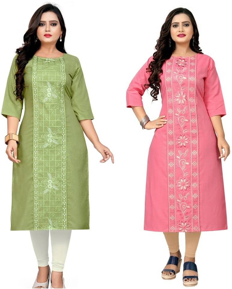     			Hetsa Pack of 2 Cotton Blend Embroidered Straight Women's Kurti - ( Multicolor )