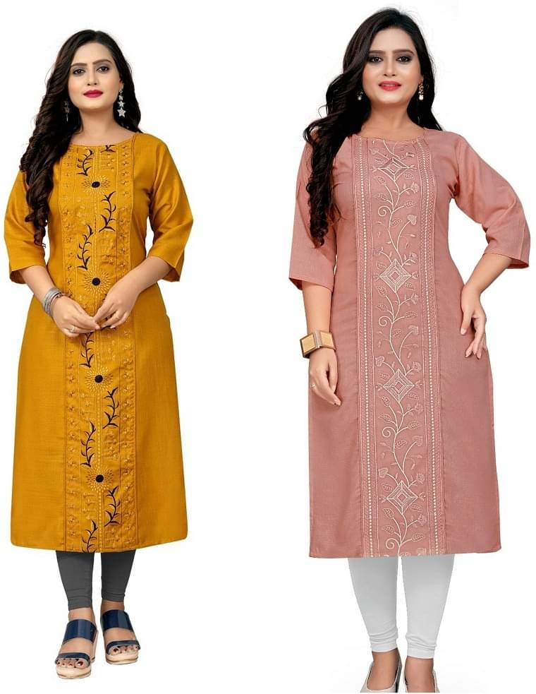     			Hetsa Pack of 2 Cotton Blend Embroidered Straight Women's Kurti - ( Multicolor )