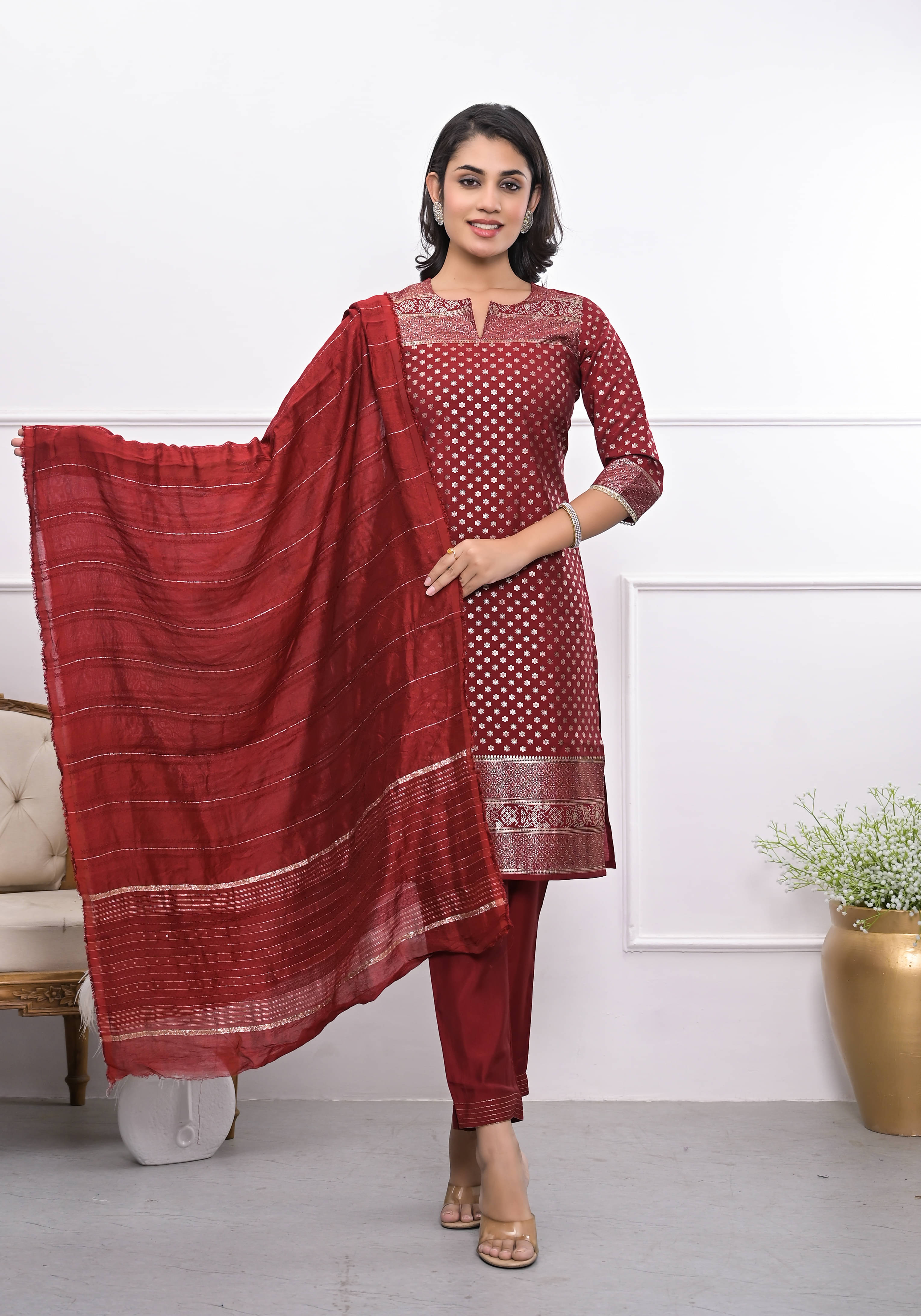 Juniper Silk Printed Kurti With Pants Women's Stitched Salwar Suit - Maroon ( Pack of 1 ) Juniper Silk Printed Kurti With Pants Women's Stitched Salwar Suit - Maroon ( Pack of 1 )