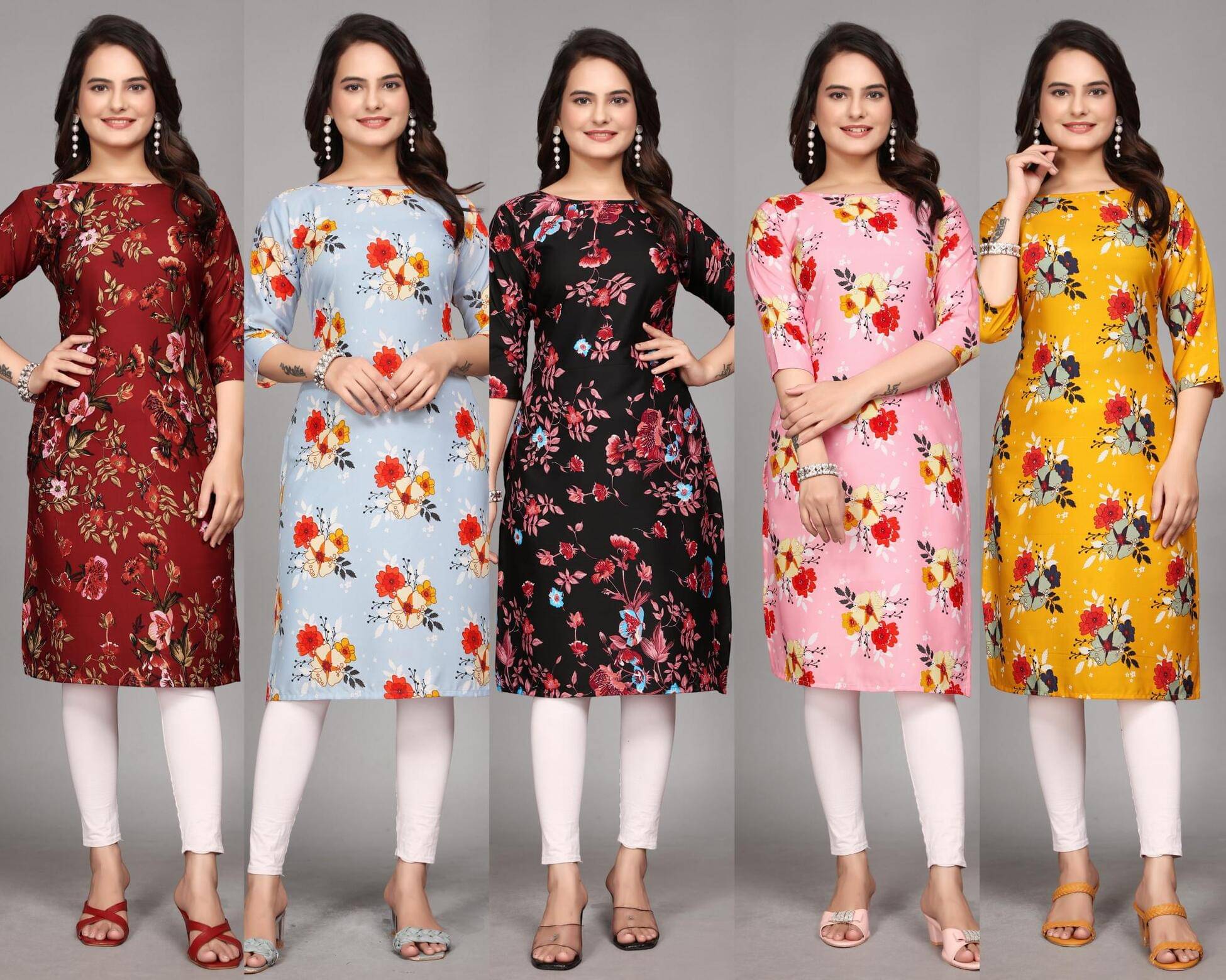 KALAVRITTA Pack of 5 Crepe Printed Straight Women's Kurti - ( Multicoloured ) KALAVRITTA Pack of 5 Crepe Printed Straight Women's Kurti - ( Multicoloured )
