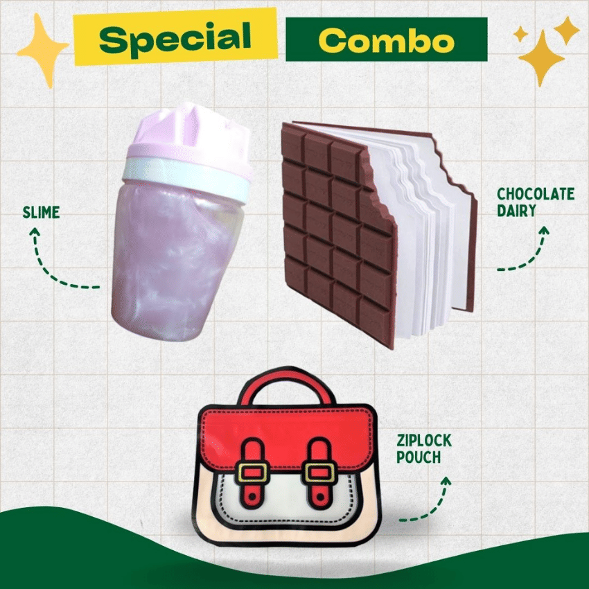 Kalra Magic Fun & Quirky Special Combo 1 Slime 1 Chocolate Dairy Notebook & 1 Ziplock Pouch Kalra Magic Fun & Quirky Special Combo 1 Slime 1 Chocolate Dairy Notebook & 1 Ziplock Pouch