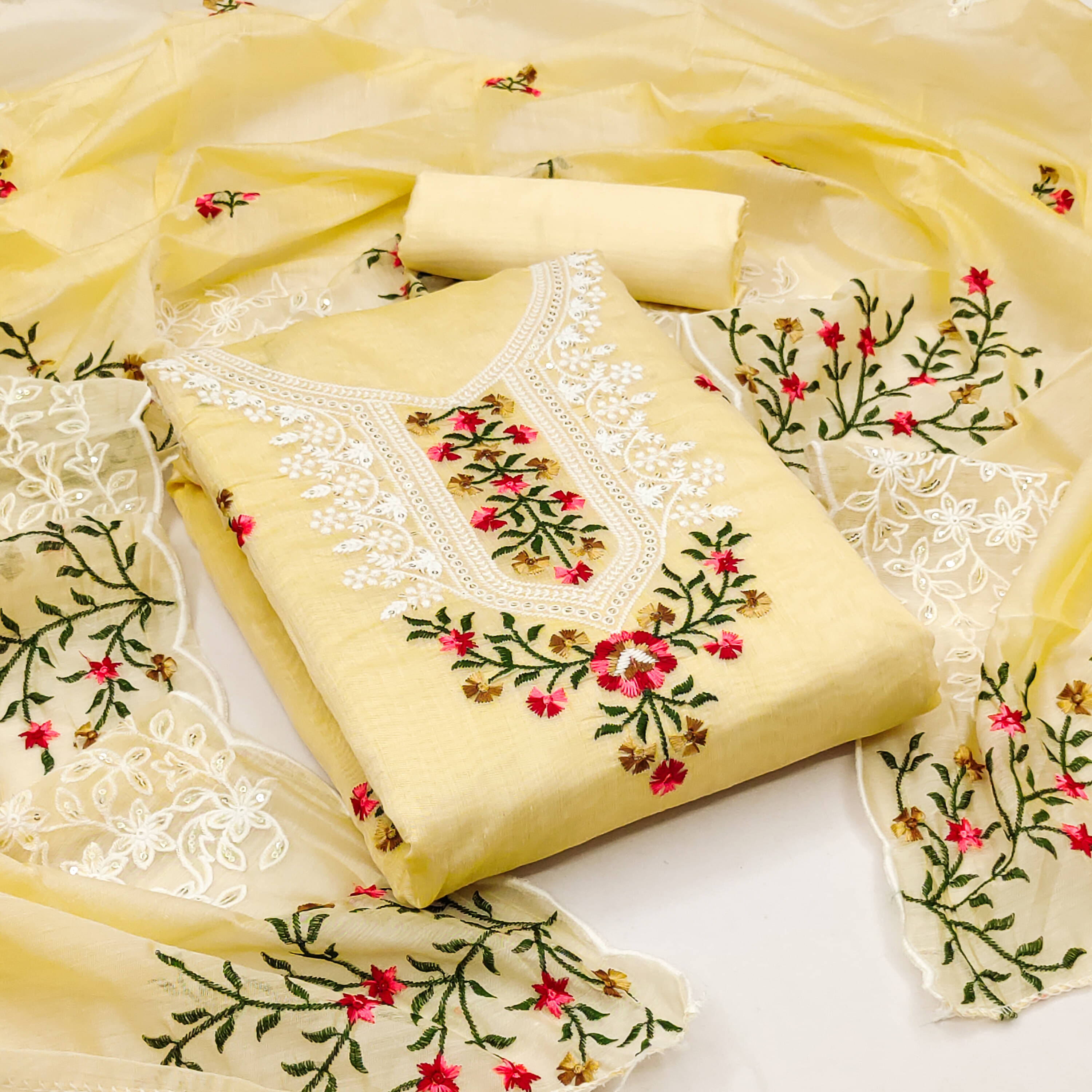 Nayanthara Trends Unstitched Chanderi Embroidered Dress Material - Yellow ( Pack of 1 )     			Nayanthara Trends Unstitched Chanderi Embroidered Dress Material - Yellow ( Pack of 1 )