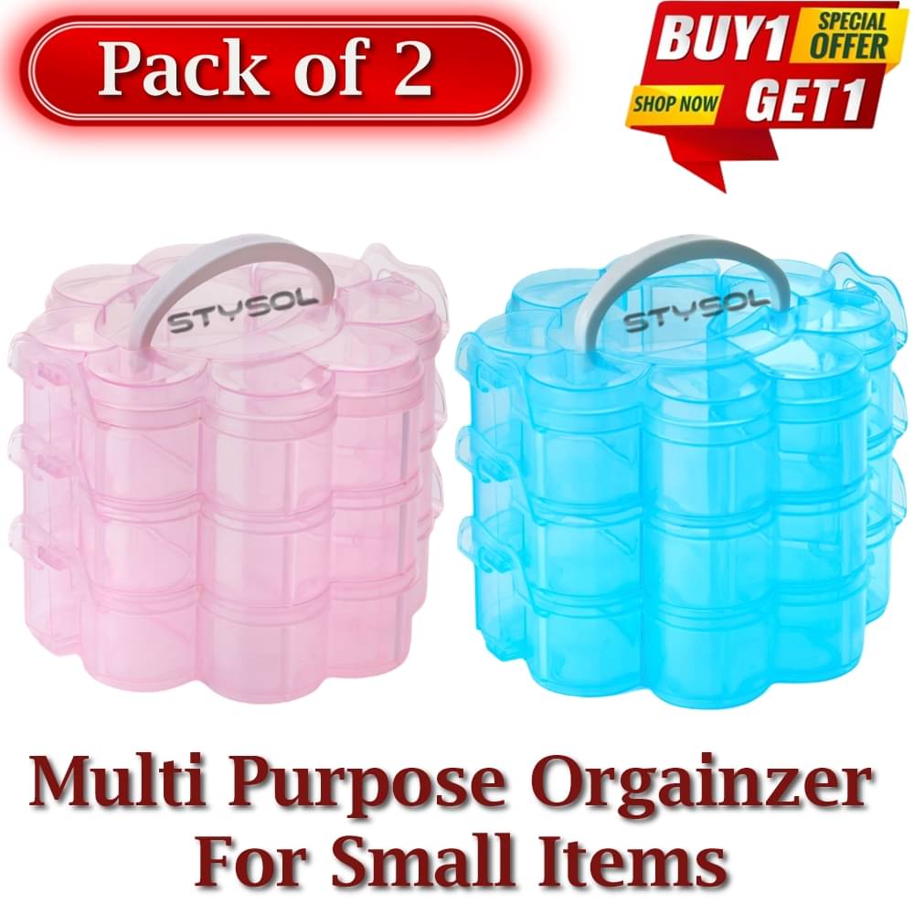     			Stysol Small Item Organizer Storage Box Pack Of 2 Jewellery Organiser Storage Box Cosmetic Box Plastic 3 Layer With Handle Storage Organizer For Small Items