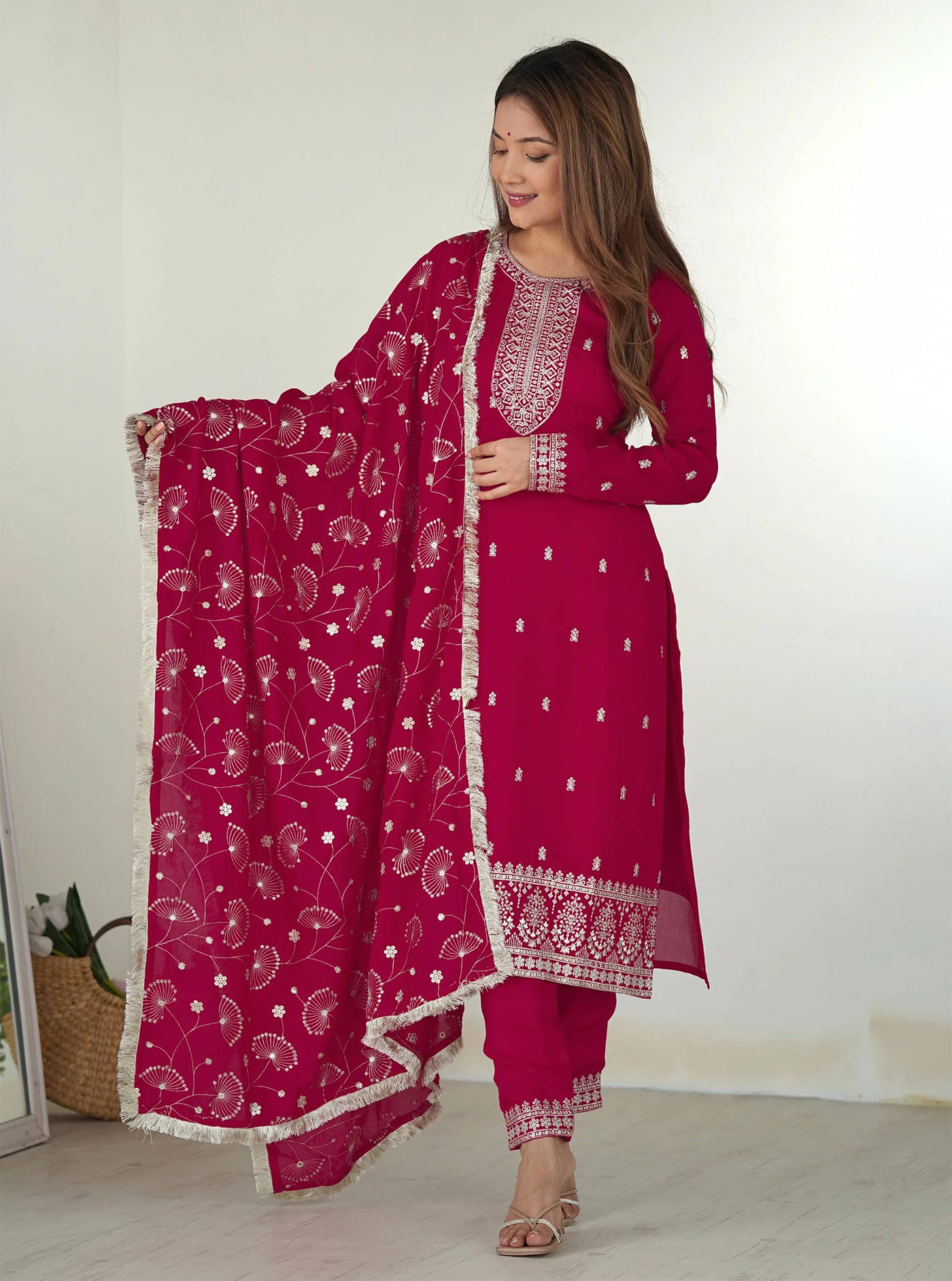 Trijal Fab Georgette Embellished Kurti With Pants Women's Stitched Salwar Suit - Pink ( Pack of 1 ) Trijal Fab Georgette Embellished Kurti With Pants Women's Stitched Salwar Suit - Pink ( Pack of 1 )