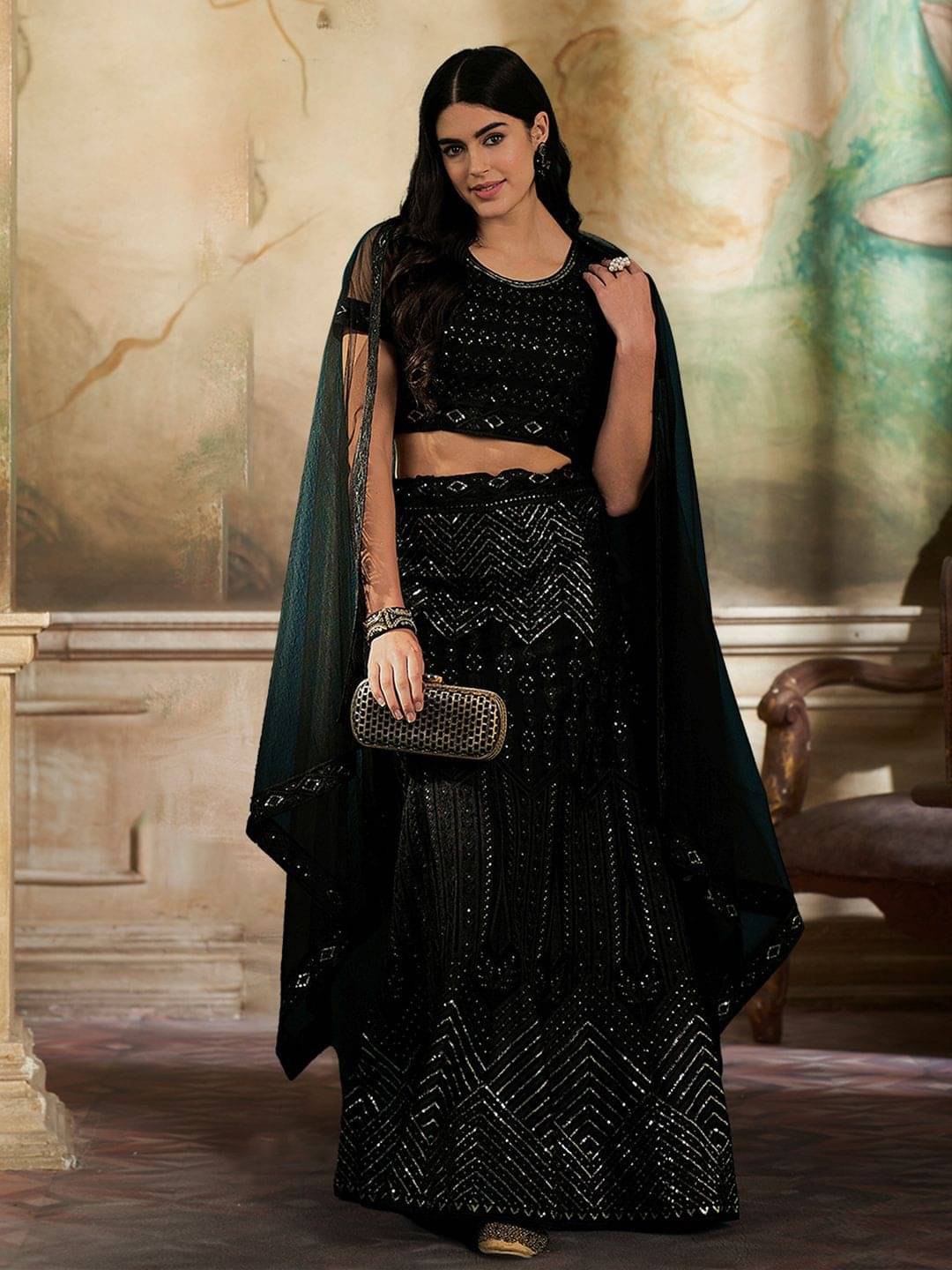 Varni Fabrics Black Net A-line Semi Stitched Lehenga Single Varni Fabrics Black Net A-line Semi Stitched Lehenga Single