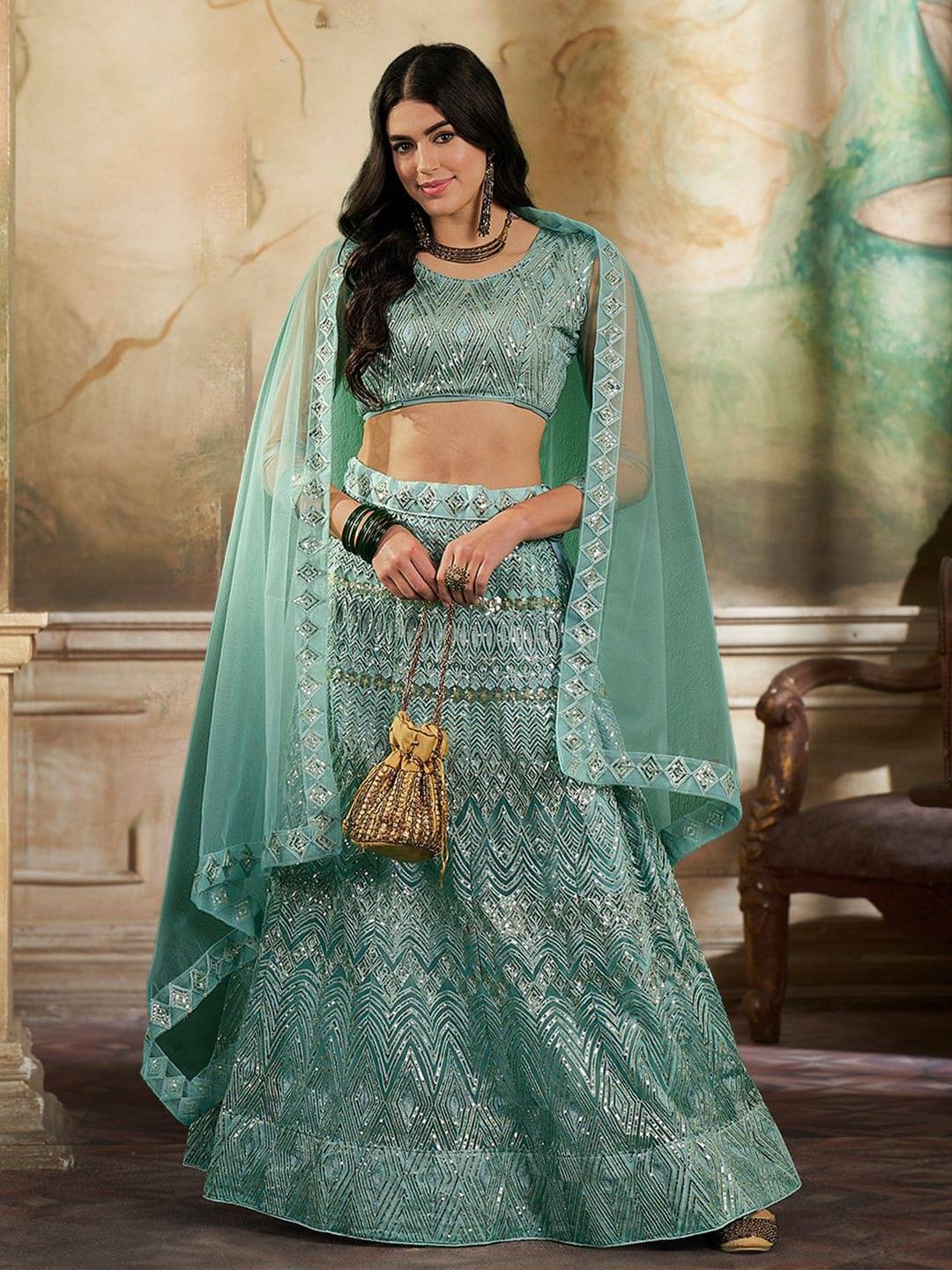 Varni Fabrics Green Net A-line Semi Stitched Lehenga Single Varni Fabrics Green Net A-line Semi Stitched Lehenga Single