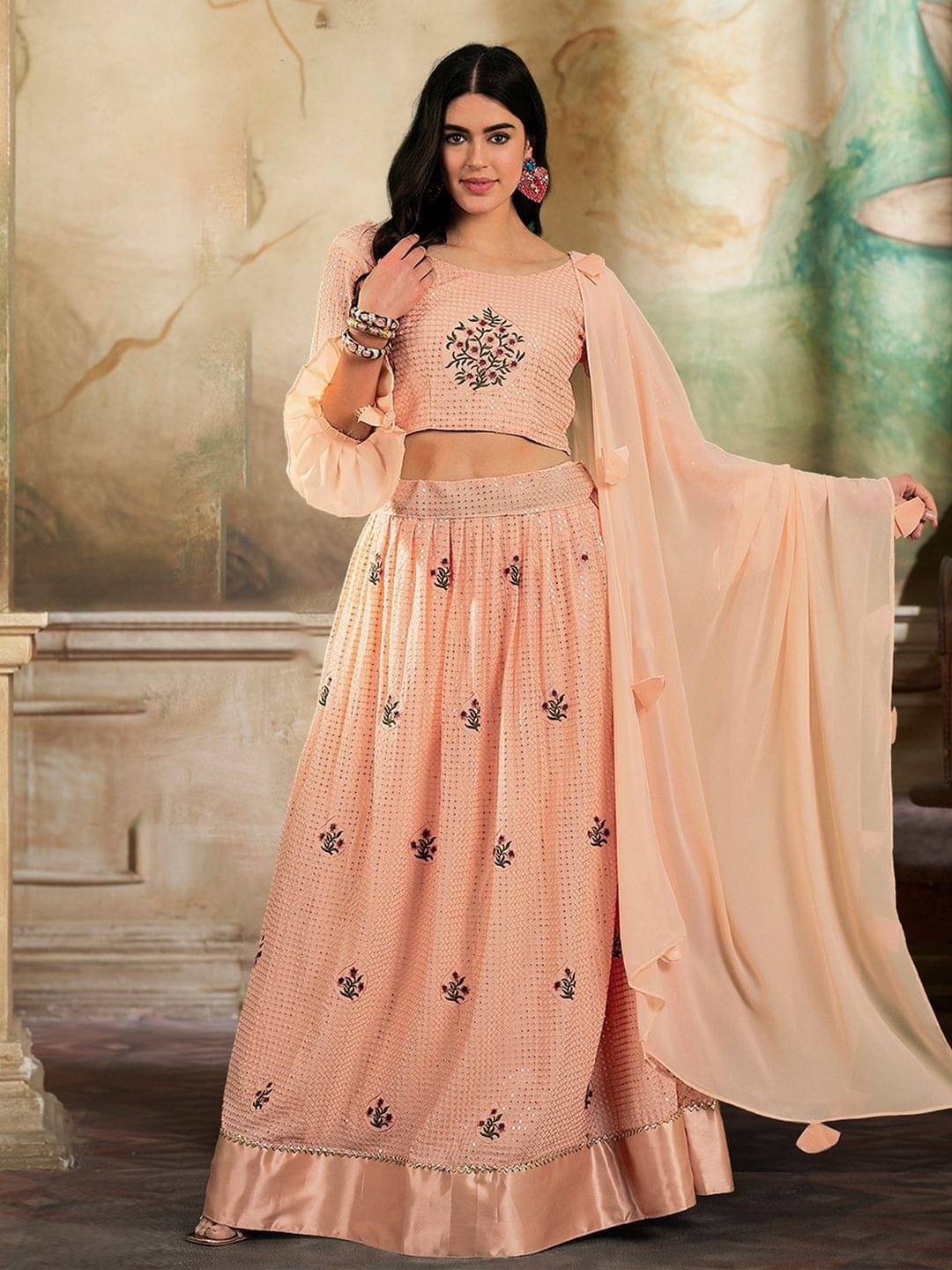     			Varni Fabrics Orange Georgette A-line Semi Stitched Lehenga Single