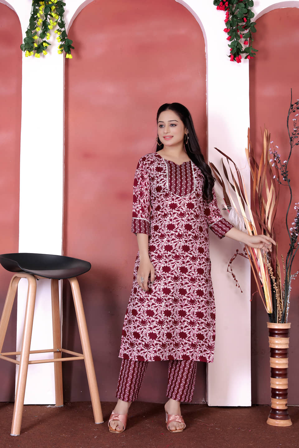 YAGNIK FASHION Cotton Blend Printed Kurti With Pants Women's Stitched Salwar Suit - Maroon ( Pack of 1 )