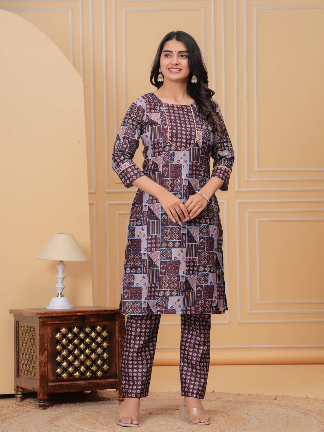 YAGNIK FASHION Cotton Printed Kurti With Pants Women's Stitched Salwar Suit - Wine ( Pack of 1 )