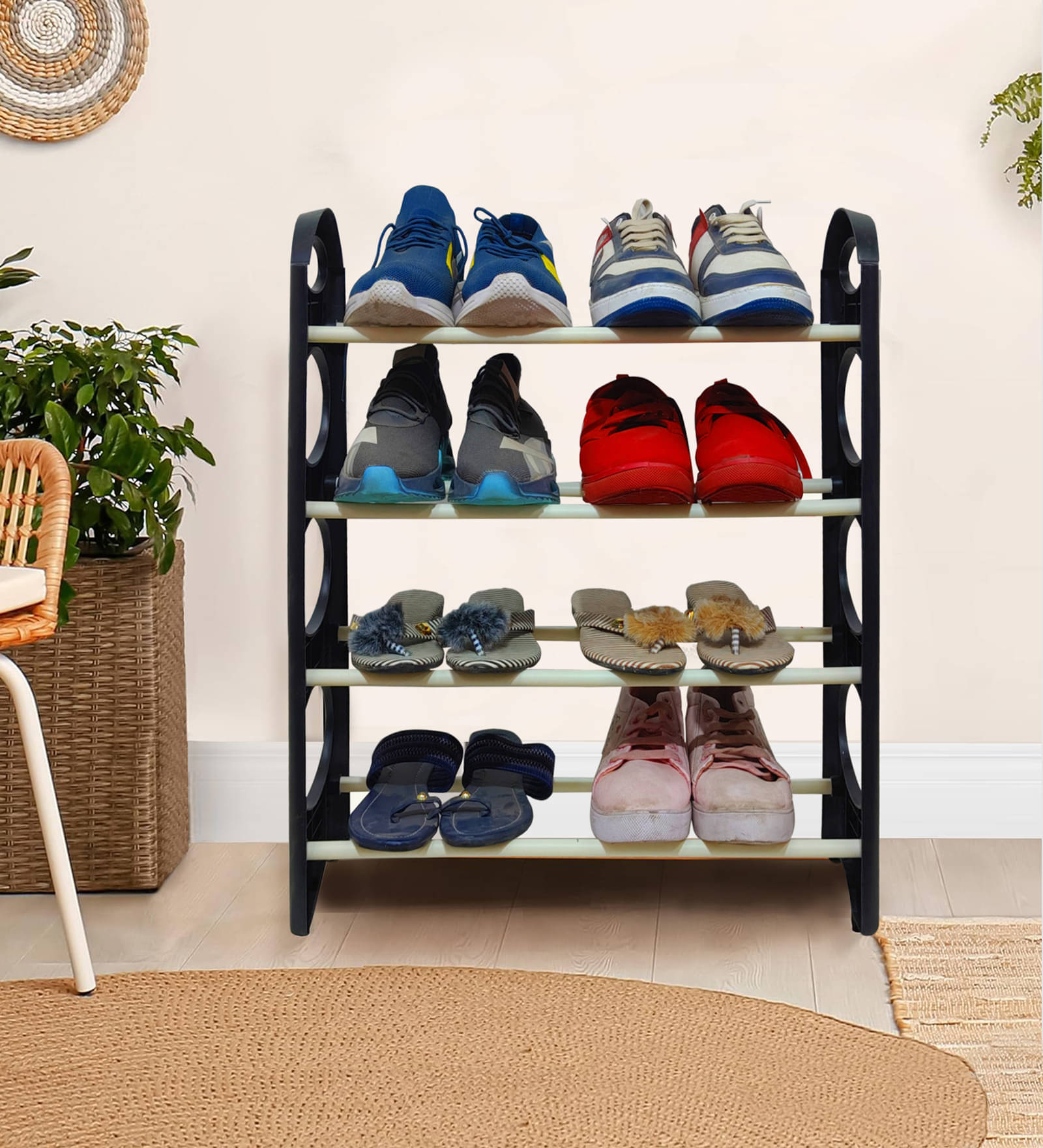     			PHILOSHOP 4 Layer Plastic Shoe Rack Stand with Plastic Pipe Shoe Organiser for Home & Office (Black)