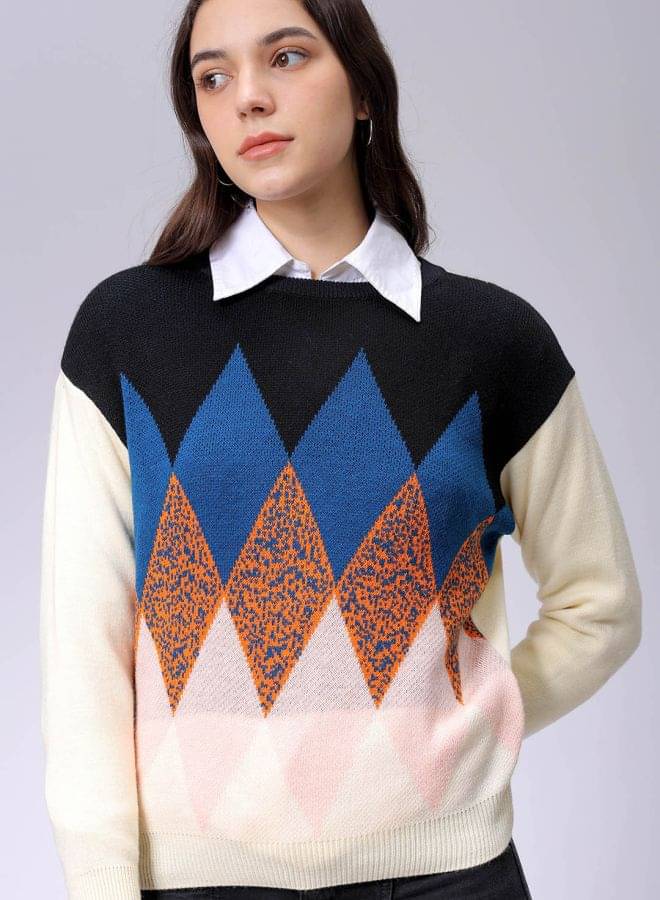 Freehand Acrylic Round Neck Women's Pullovers - White ( Single ) Freehand Acrylic Round Neck Women's Pullovers - White ( Single )