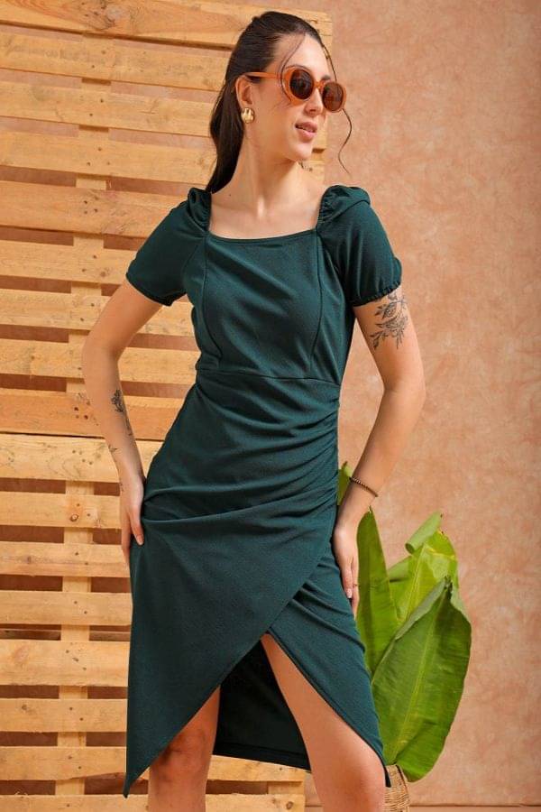 Freehand Women Elastane Solid Wrap Dress ( Green ) Freehand Women Elastane Solid Wrap Dress ( Green )
