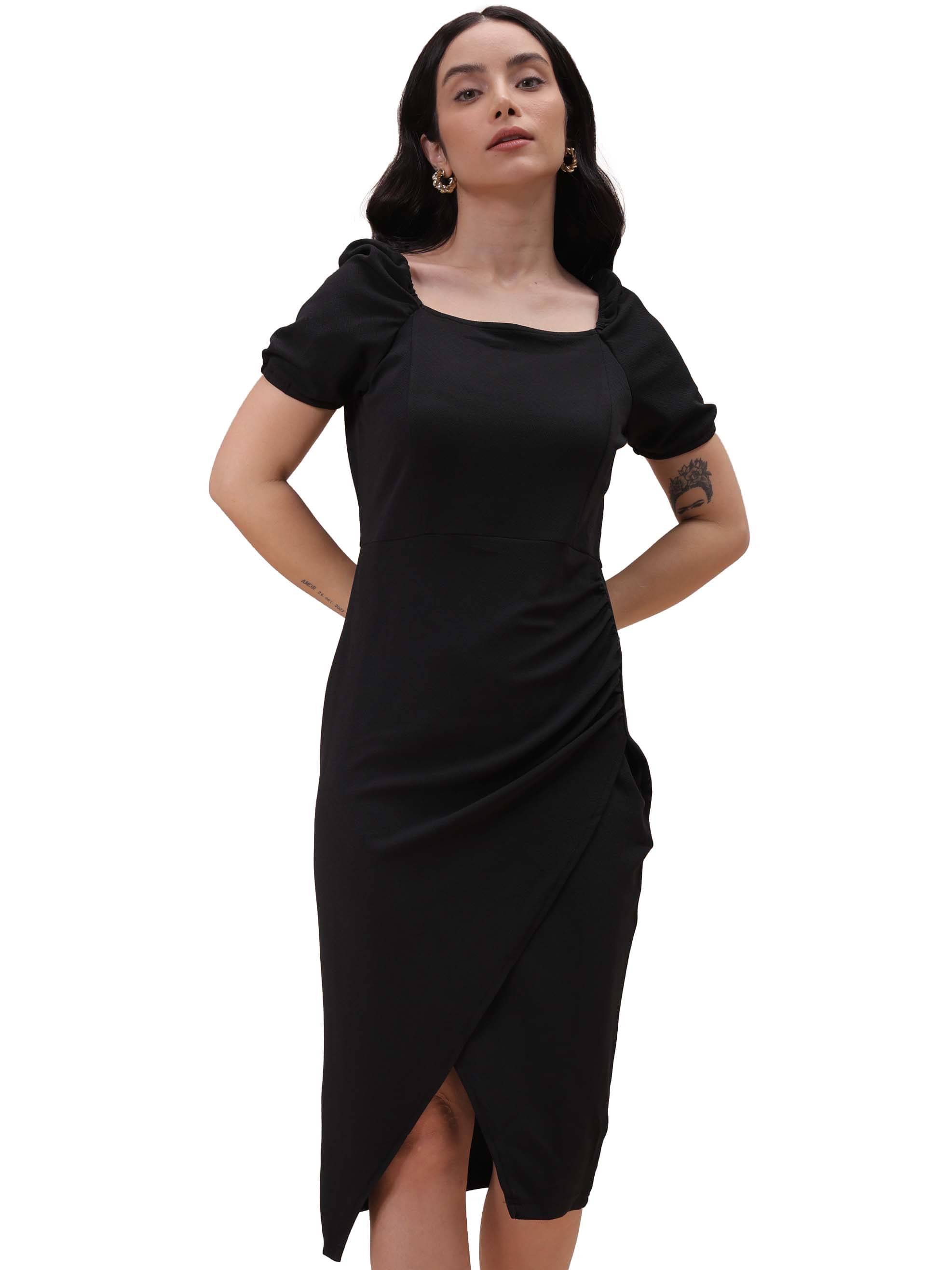     			Freehand Women Elastane Solid Wrap Dress ( Black )