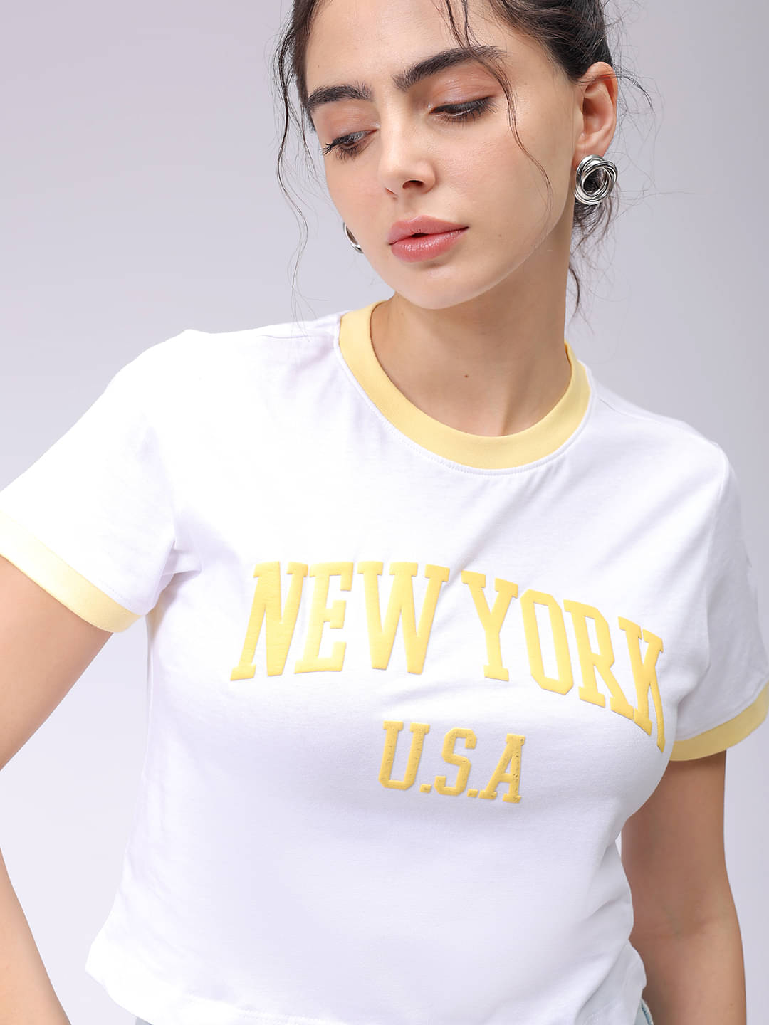     			Freehand Women Cotton Printed Slim Fit Round Neck T-Shirt ( Yellow )