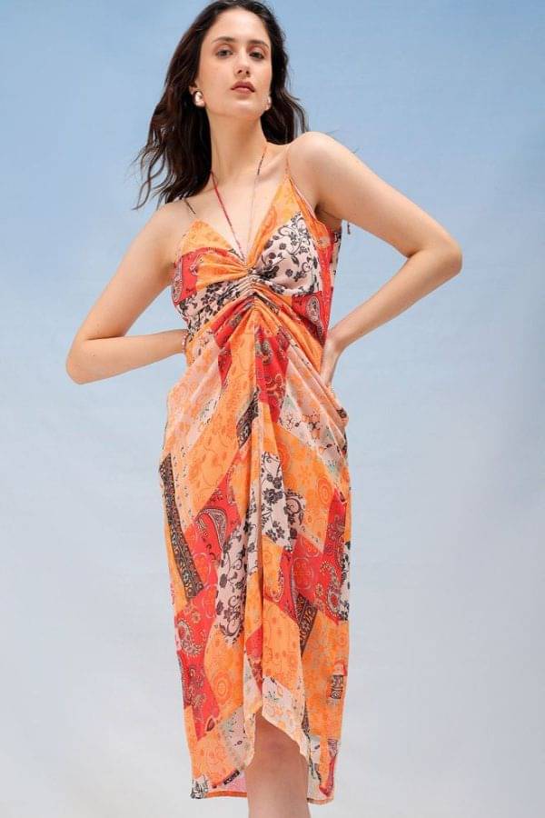     			Freehand Women Polyester Printed Asymmetric Dress ( Multicolor )