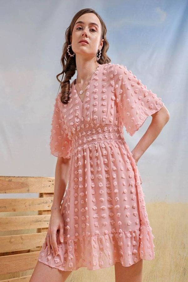     			Freehand Women Polyester Self Design A-line Dress ( Pink )