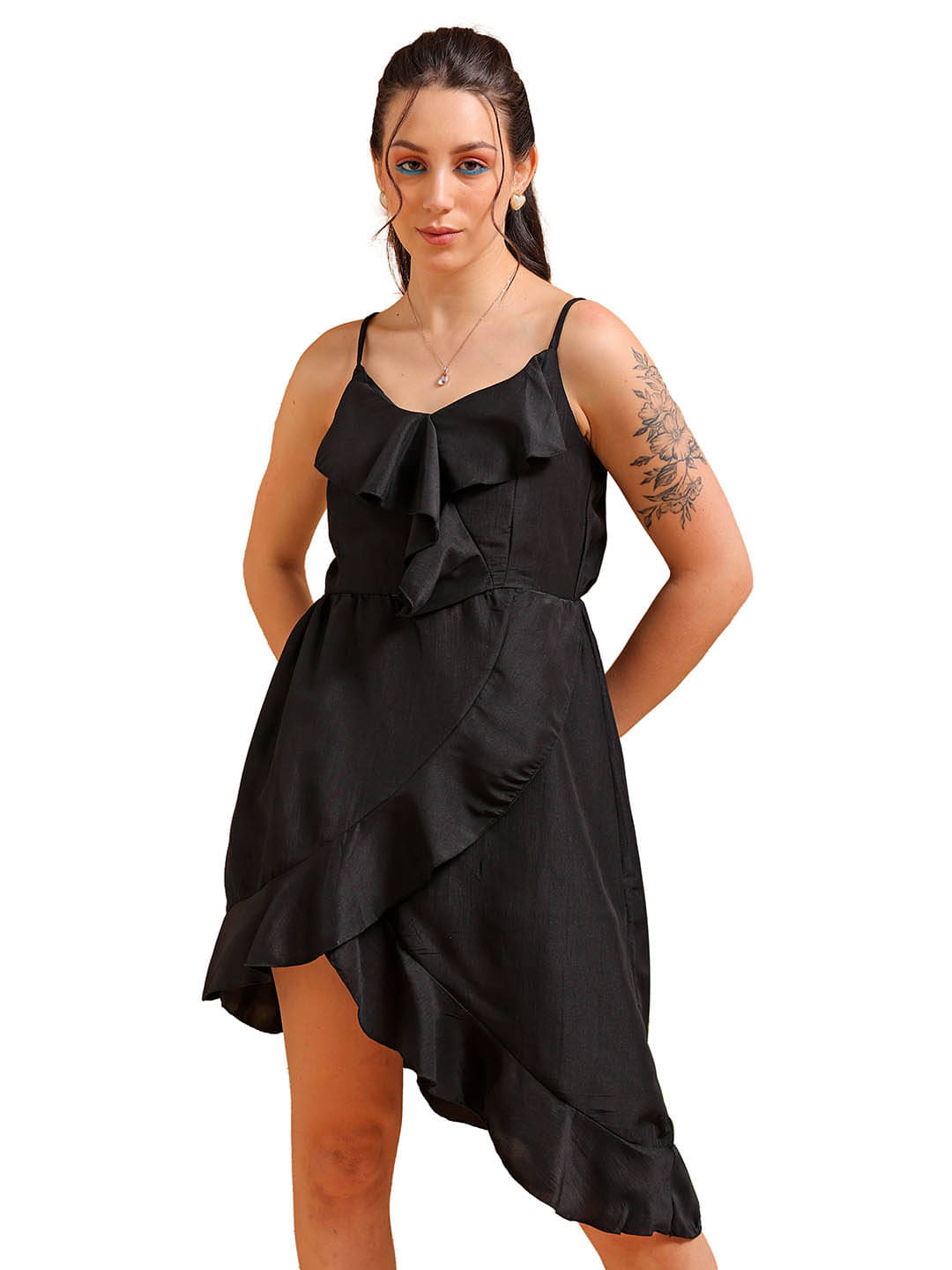     			Freehand Women Polyester Solid Asymmetric Dress ( Black )