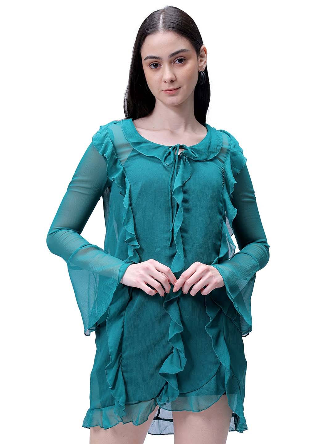     			Freehand Women Polyester Solid Peplum Dress ( Green )