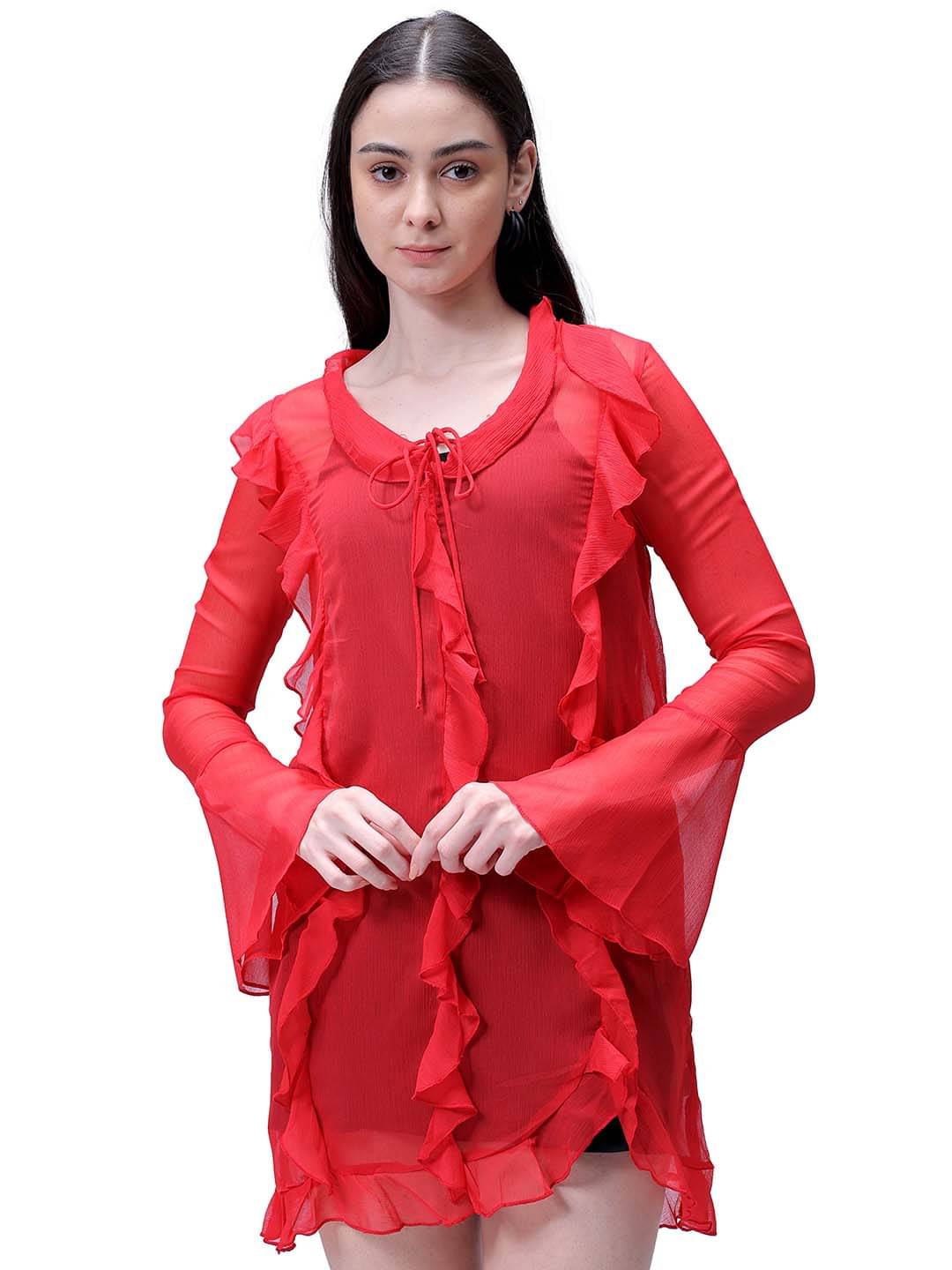     			Freehand Women Polyester Solid Peplum Dress ( Red )