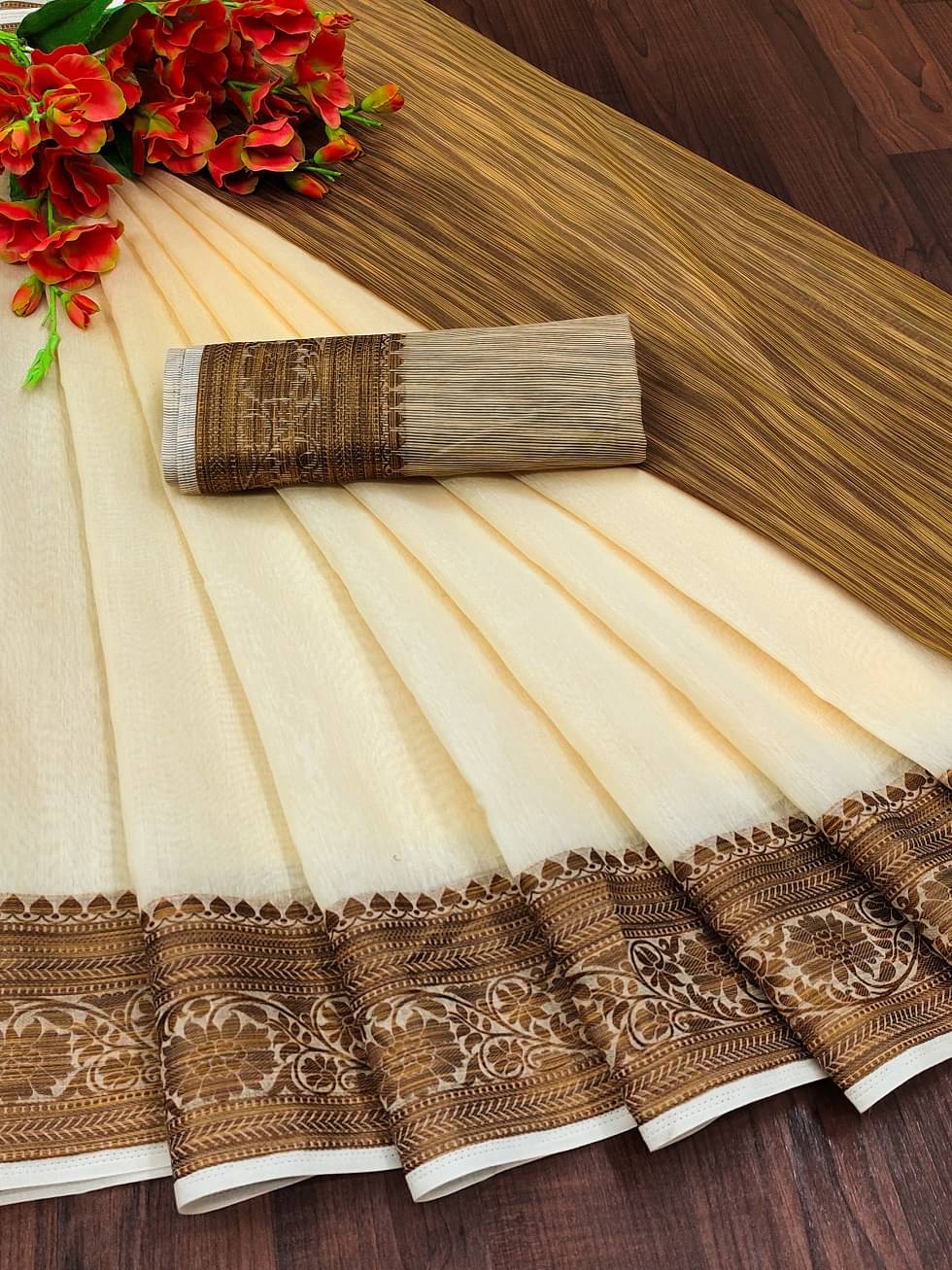 IndShopMart Cotton Silk Woven Saree With Unstitched Blouse Piece ( Beige )     			IndShopMart Cotton Silk Woven Saree With Unstitched Blouse Piece ( Beige )