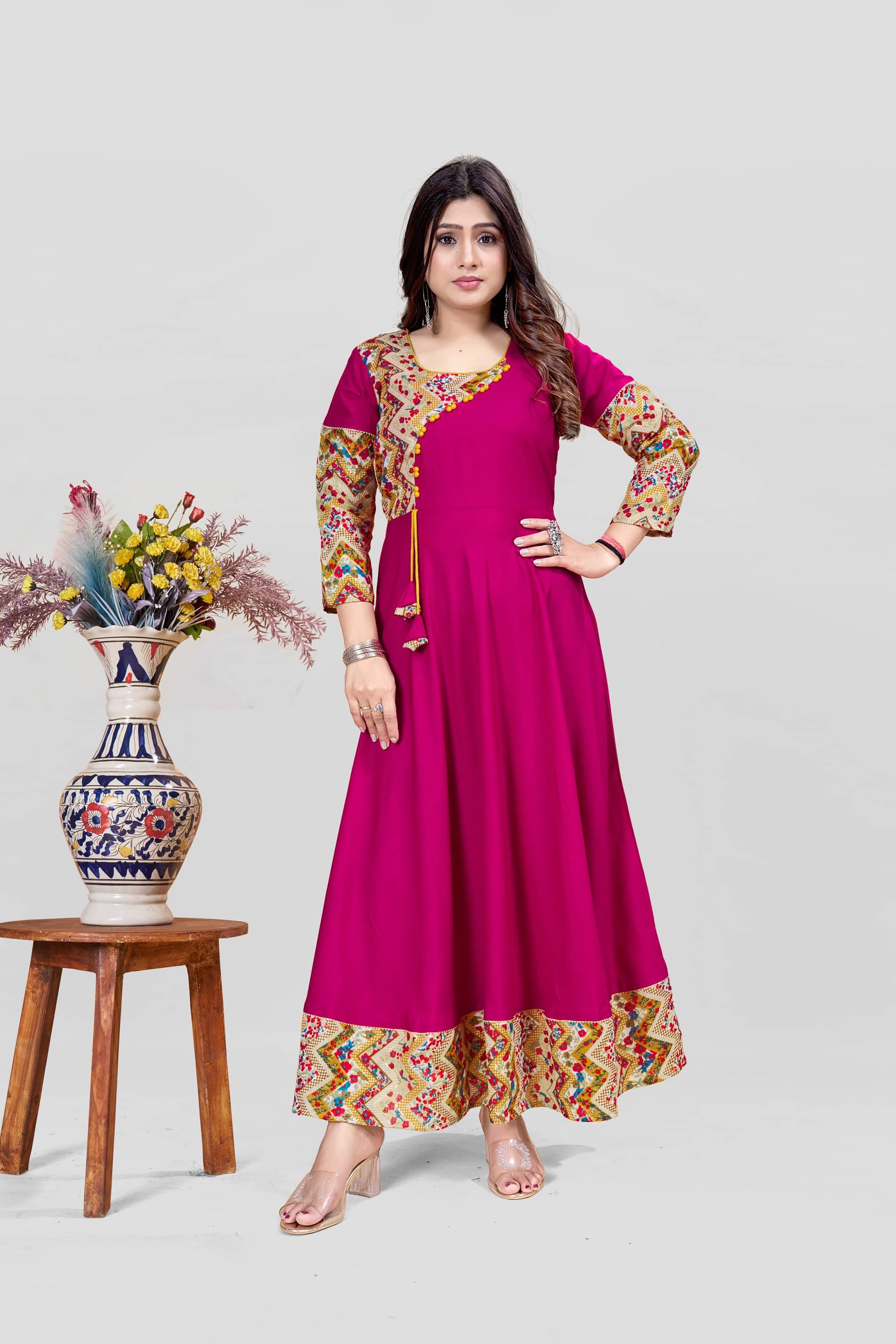     			MEESORRA Pack of 1 Rayon Printed Anarkali Women's Kurti - ( Pink )