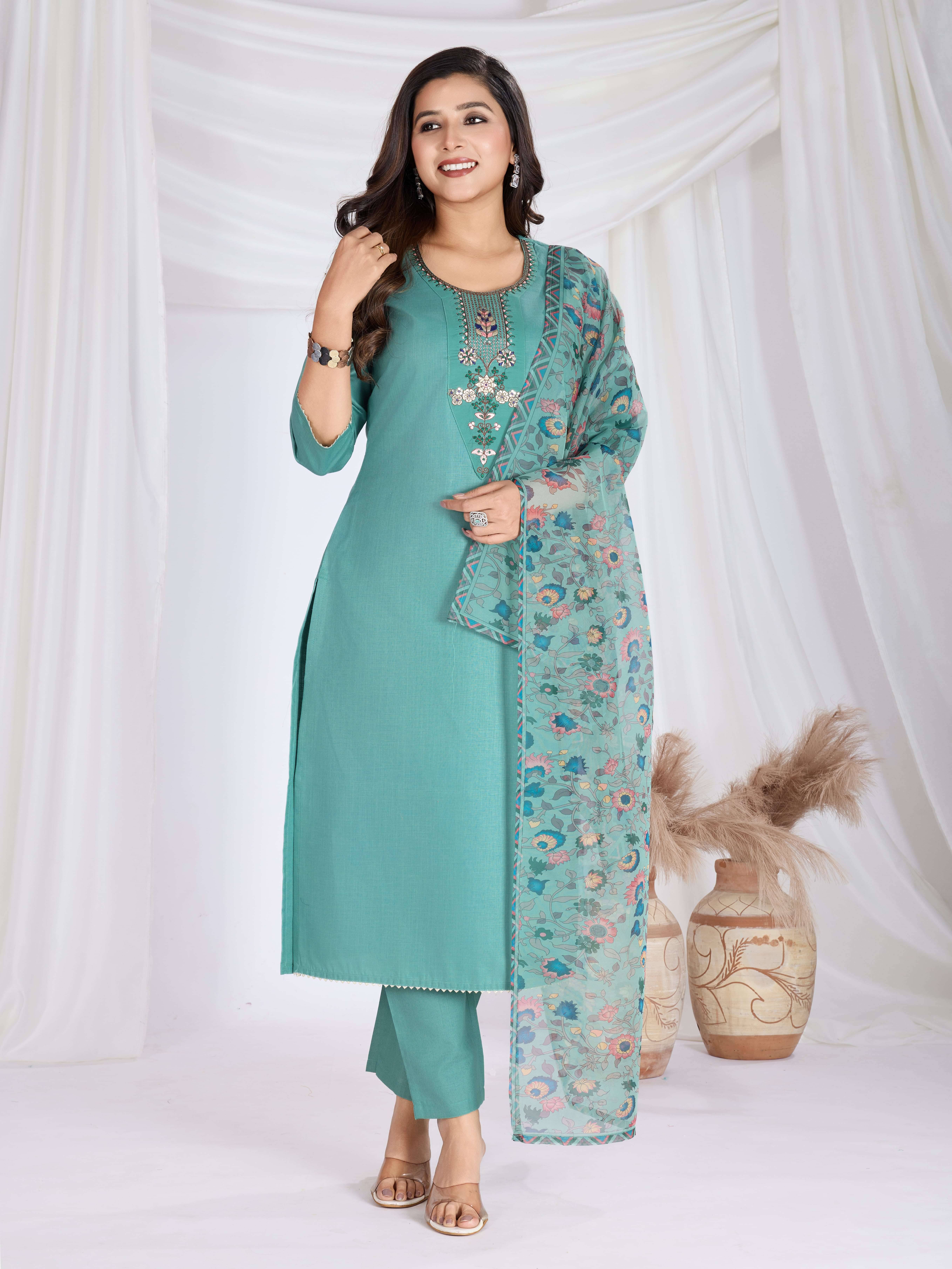 RAS RANI Cotton Blend Embroidered Kurti With Pants Women's Stitched Salwar Suit - Green ( Pack of 1 )     			RAS RANI Cotton Blend Embroidered Kurti With Pants Women's Stitched Salwar Suit - Green ( Pack of 1 )