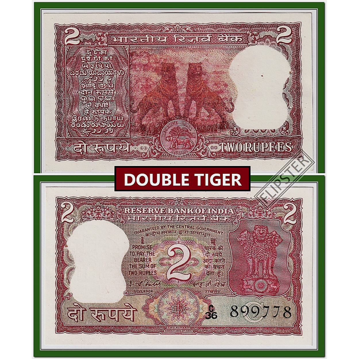     			Rare  2 Rupees, Double Tiger - India old Red Note - Few Notes Available