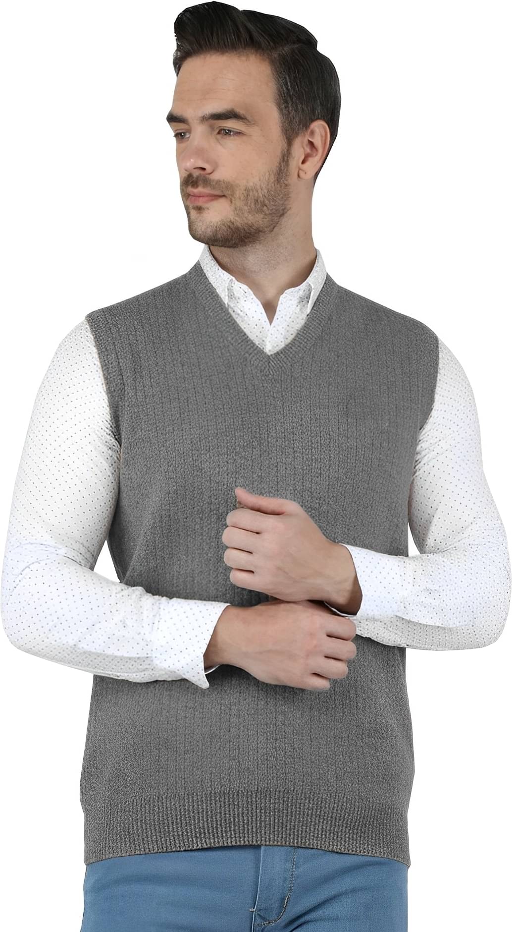 Reoutlook Woollen V-Neck Men's Sleeveless Pullover Sweater - Grey ( Pack of 1 )     			Reoutlook Woollen V-Neck Men's Sleeveless Pullover Sweater - Grey ( Pack of 1 )