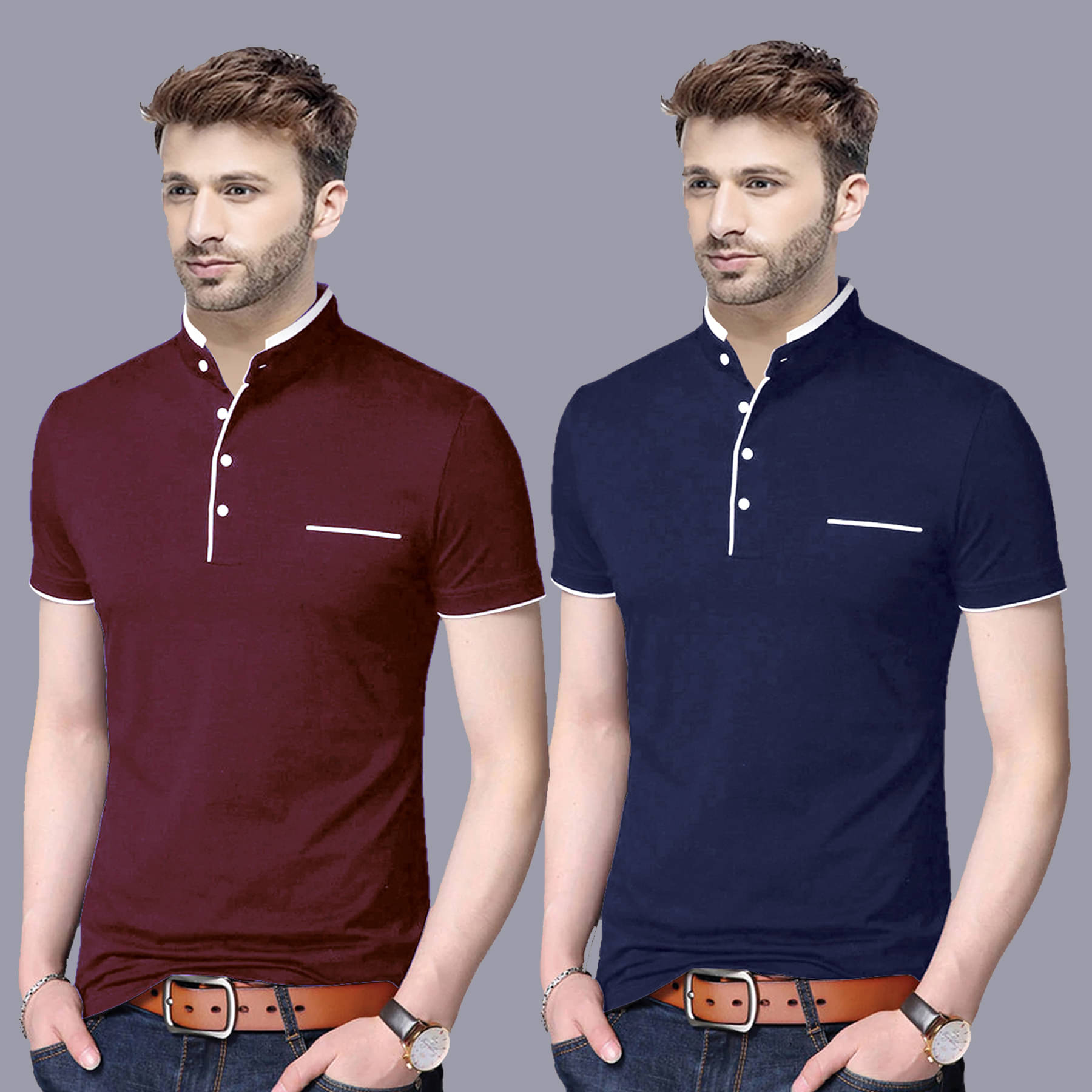 Reya Cotton Blend Regular Fit Solid Half Sleeves Men's Mandarin Collar T-Shirt - Multicolor2 ( Pack of 2 )     			Reya Cotton Blend Regular Fit Solid Half Sleeves Men's Mandarin Collar T-Shirt - Multicolor2 ( Pack of 2 )