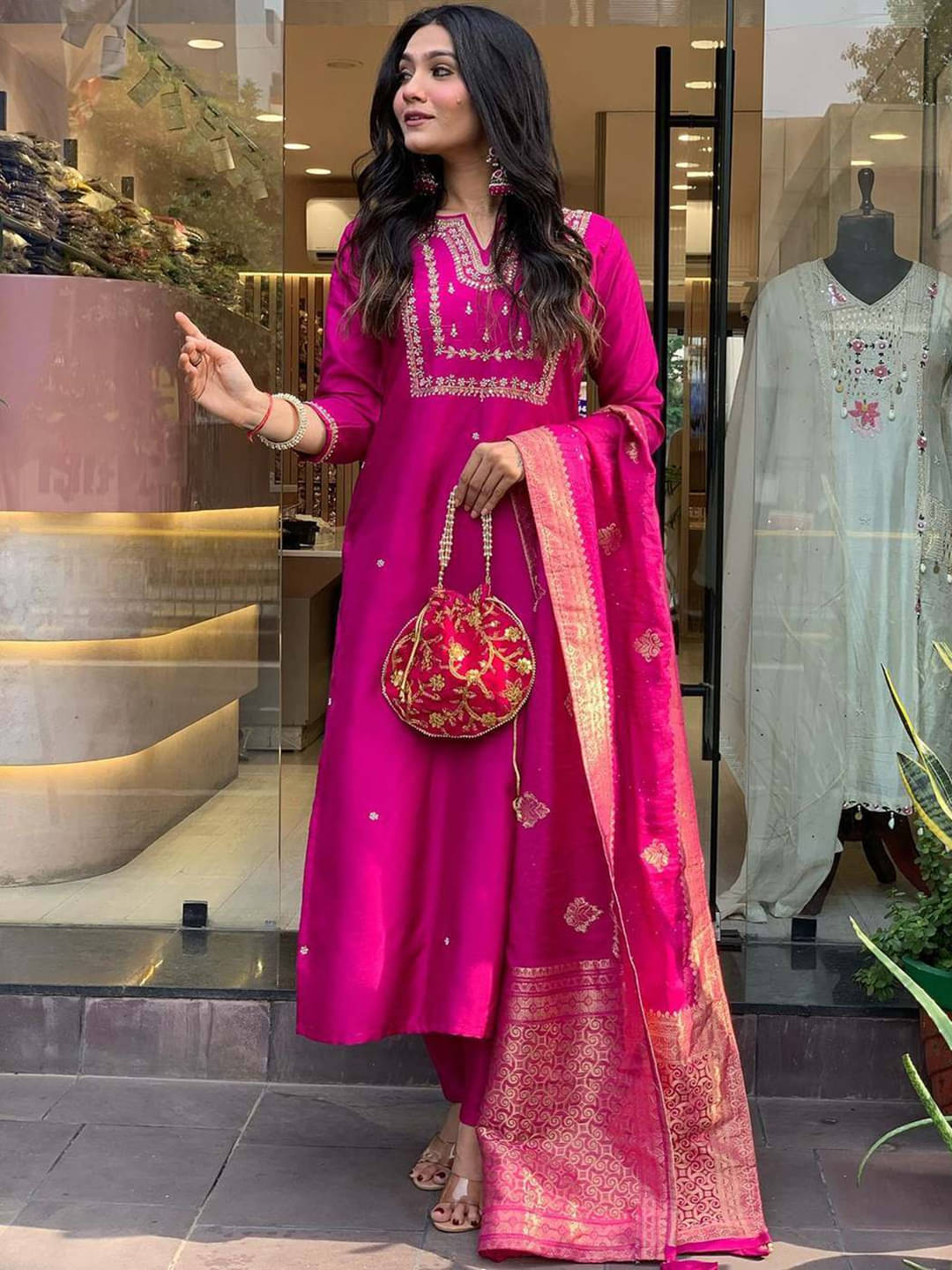 Royal Export Chanderi Cotton Embroidered Kurti With Pants Women's Stitched Salwar Suit - Pink ( Pack of 1 ) Royal Export Chanderi Cotton Embroidered Kurti With Pants Women's Stitched Salwar Suit - Pink ( Pack of 1 )