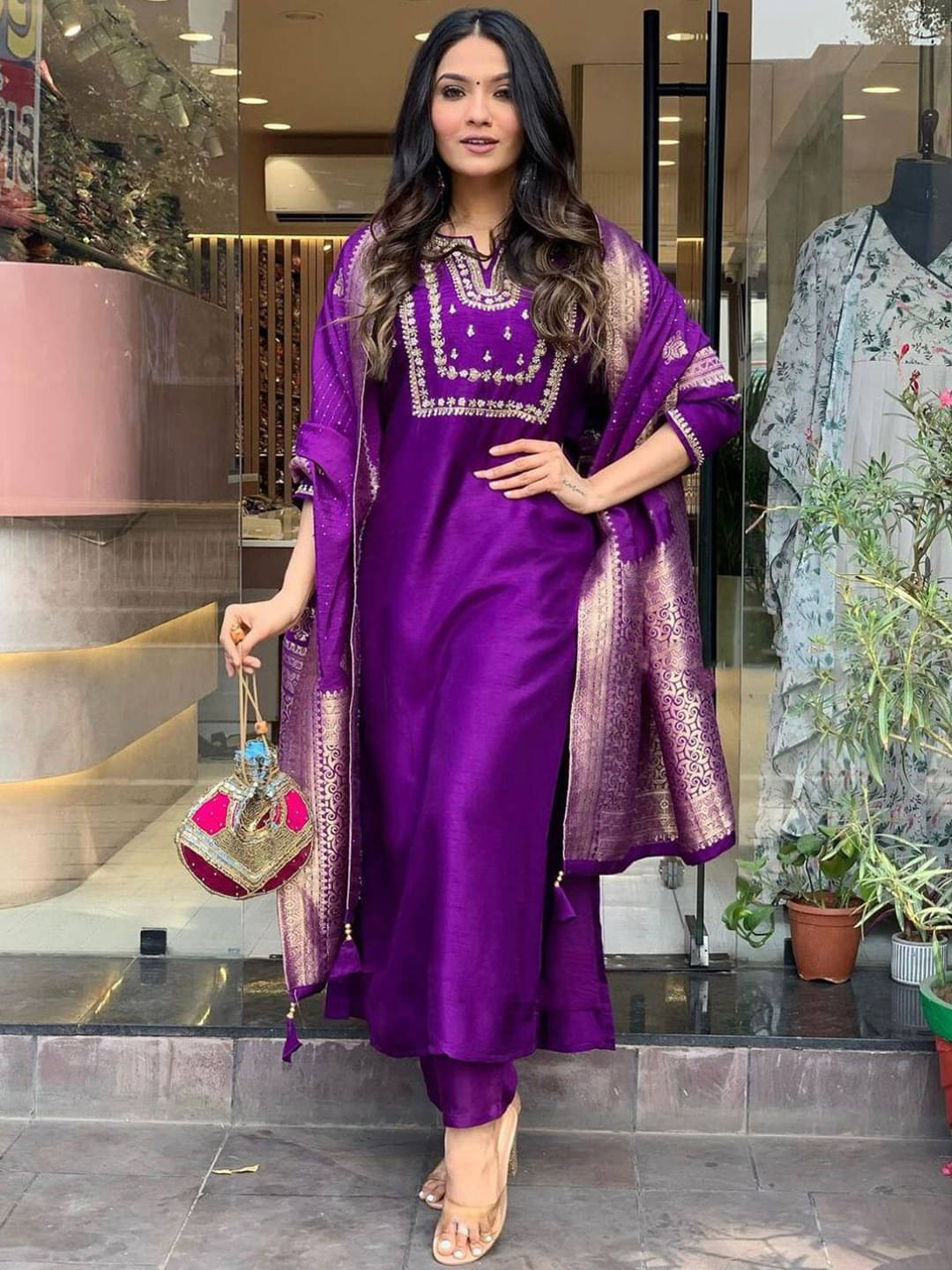     			Royal Export Chanderi Cotton Embroidered Kurti With Pants Women's Stitched Salwar Suit - Purple ( Pack of 1 )