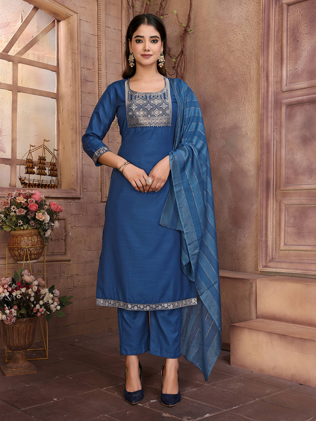     			Royal Export Cotton Blend Embroidered Kurti With Pants Women's Stitched Salwar Suit - Blue ( Pack of 1 )