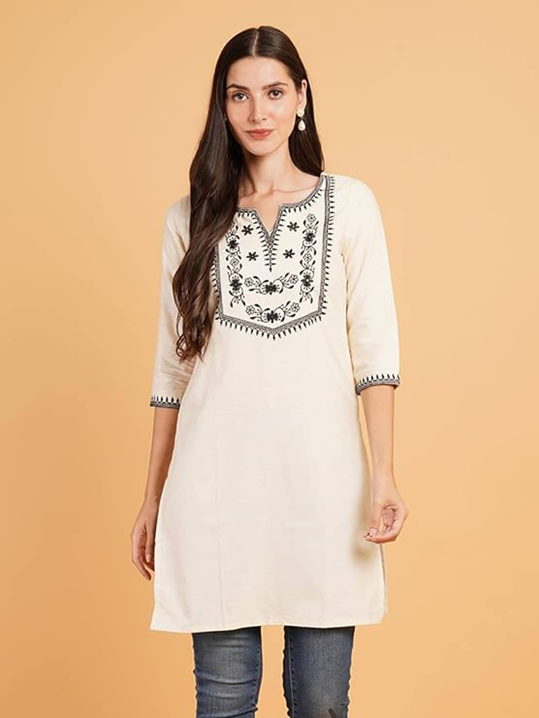     			Royal Export Pack of 1 Cotton Embroidered Straight Women's Kurti - ( Beige )