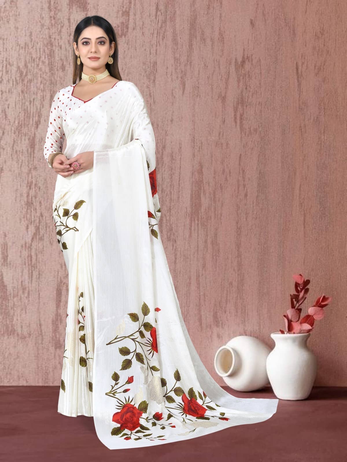 SARIK  FASHION Chiffon Printed Saree With Unstitched Blouse Piece ( White ) - Sarees | Buy online on ZillyBuy
