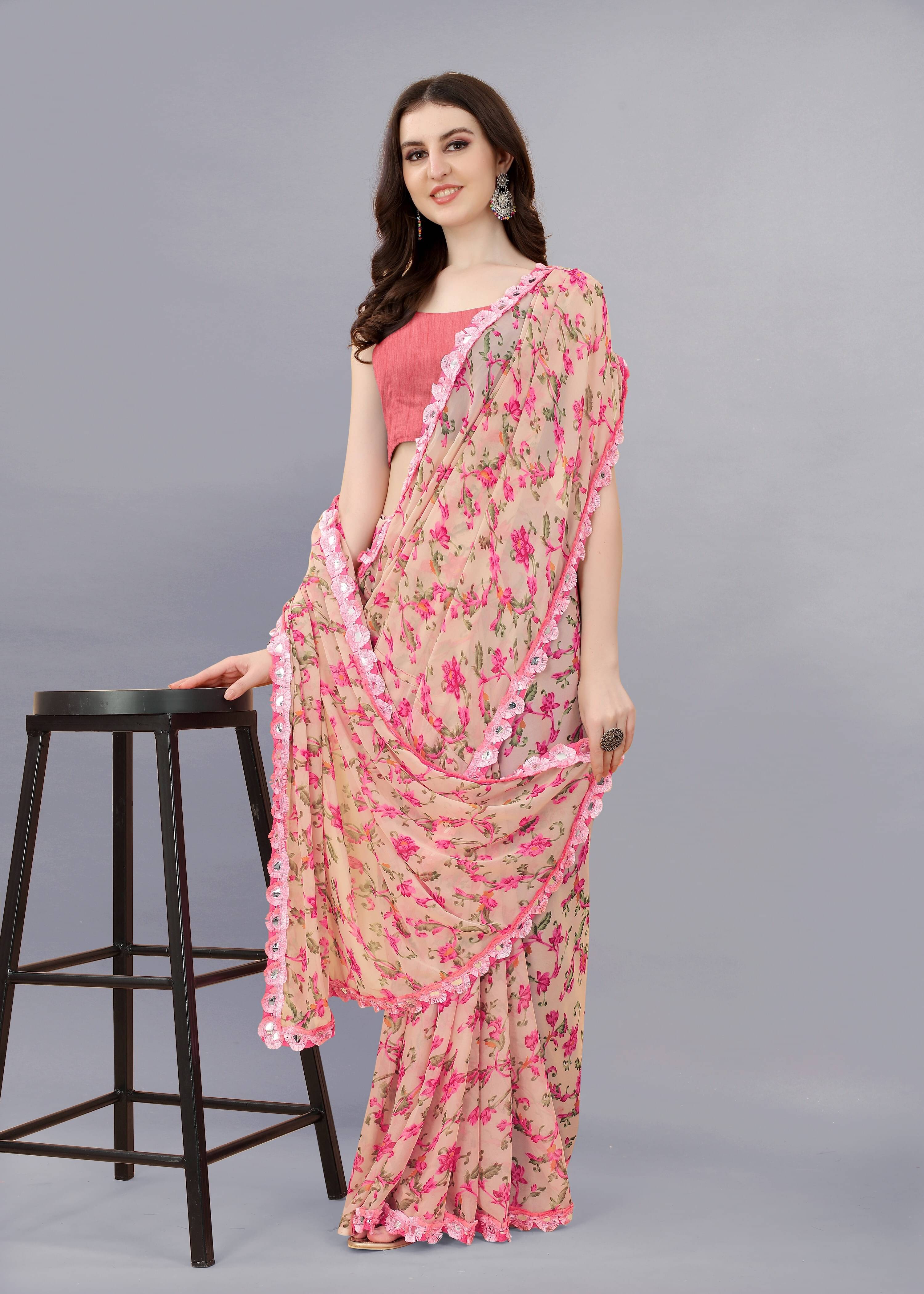     			SARIK  FASHION Chiffon Printed Saree With Unstitched Blouse Piece ( Pink )